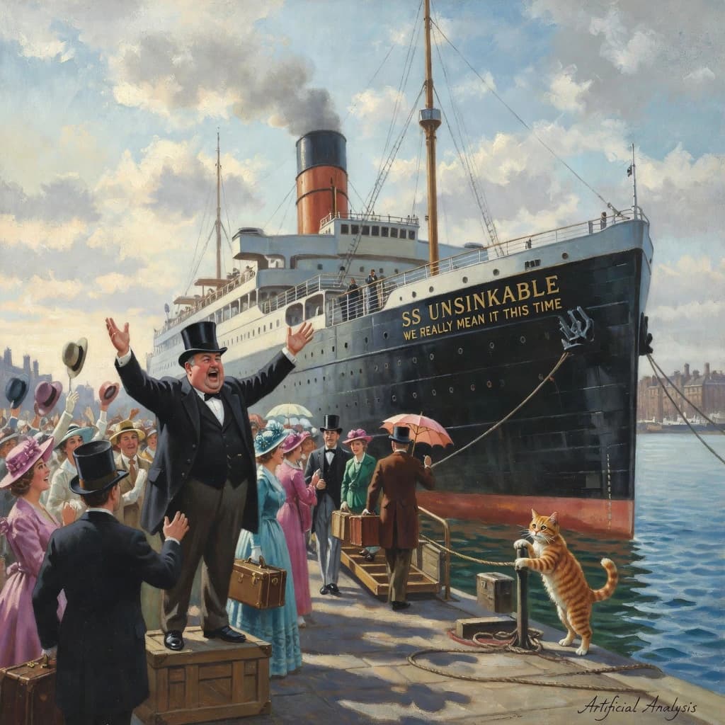 An impressionistic painting of the mighty steamer the "SS Unsinkable We Really Mean It This Time" on a cloudy but bright London morning about to set out on her maiden voyage. A jubilant crowd is gathered on the dock around the paunchy mayor who is making a speech, gesticulating wildly with his hands. The gangways are busy with well heeled ladies and gentlemen making their way onto the ship. A cheeky cat hangs over the water, clinging to the mooring rope after an ill-fated attempt to climb up. The artist has signed his name "Artificial Analysis" in the bottom corner