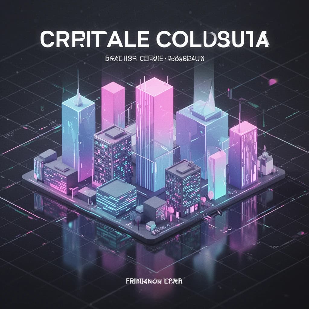 Render an isometric city poster with geometric buildings, neon gradients, gloss highlights, soft AO shadows, clean sans-serif lettering, grid layout, reflections a bit overexposed.