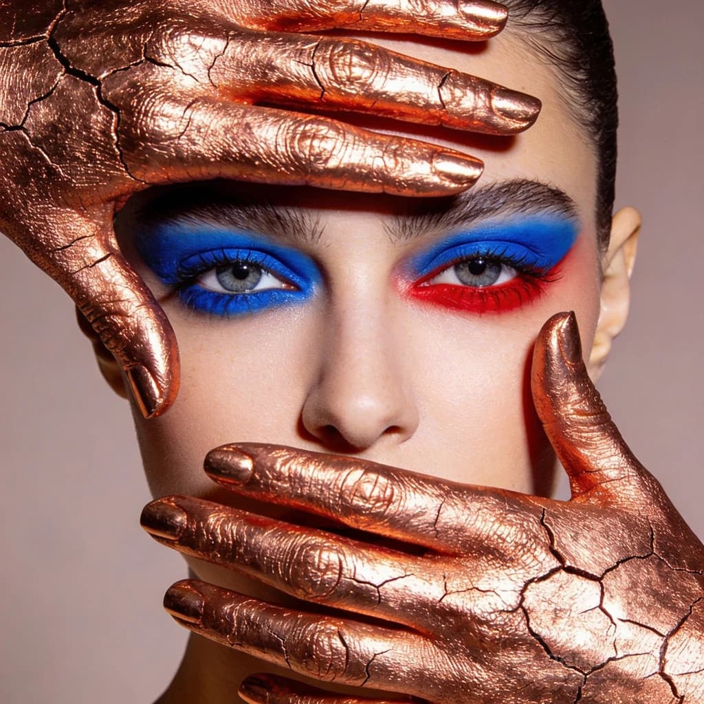 A striking close-up portrait of a woman with cracked metallic copper-painted hands framing her face. Her vivid blue and red eye makeup contrasts sharply with the smooth, pale skin and muted background, creating a bold, surreal composition. She displays an air of uncertainty about her