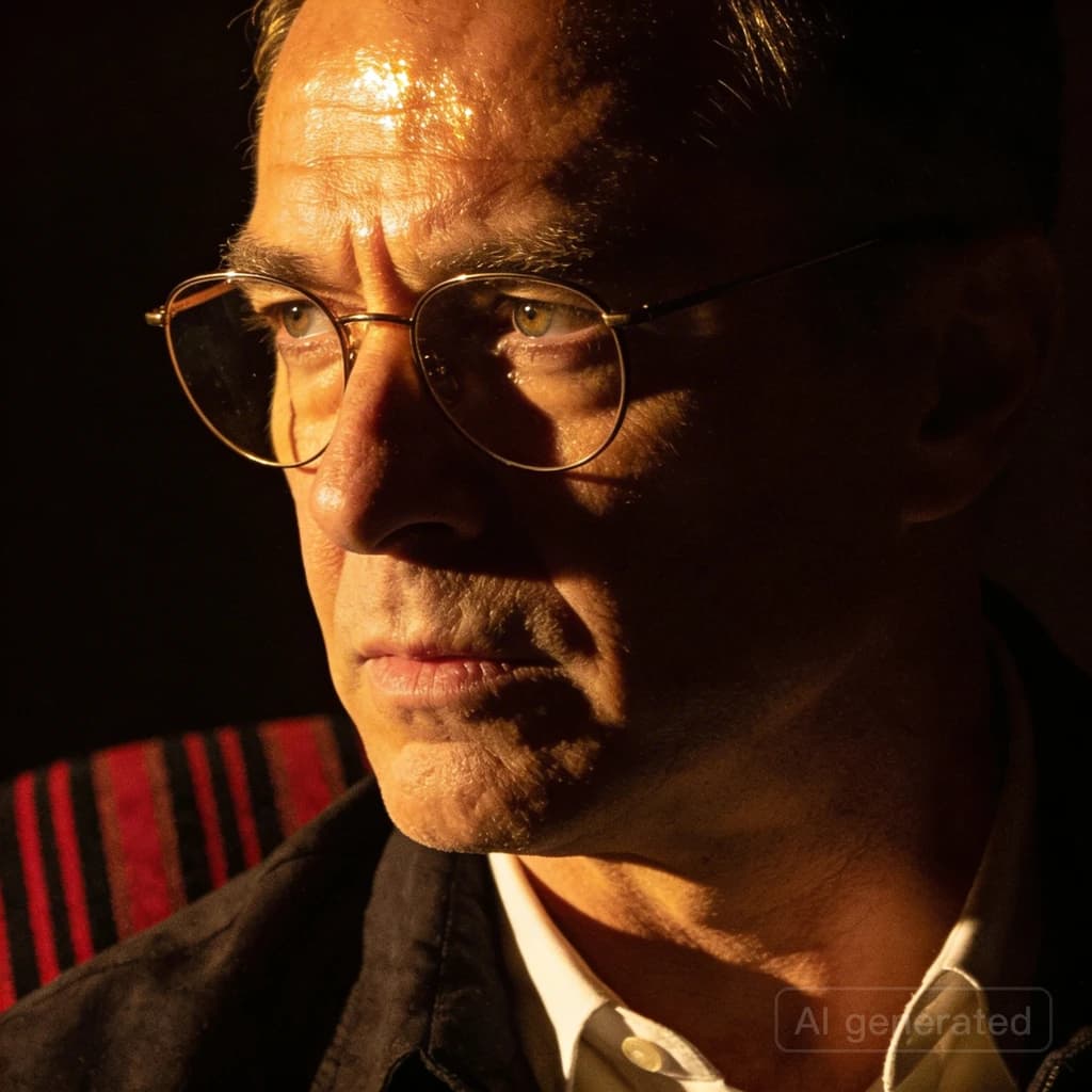 A sharply lit portrait of a middle-aged man wearing thin-rimmed glasses and a dark jacket over a white collared shirt. He gazes intently to the side, his face half illuminated by warm light while the background recedes into deep shadow. The expression is thoughtful, almost wary, as if caught mid-conversation. Behind him, a striped cushion in muted reds and blacks adds subtle texture, contrasting with the crisp highlights on his forehead and glasses. The overall mood is contemplative and cinematic, balancing warmth with tension.
