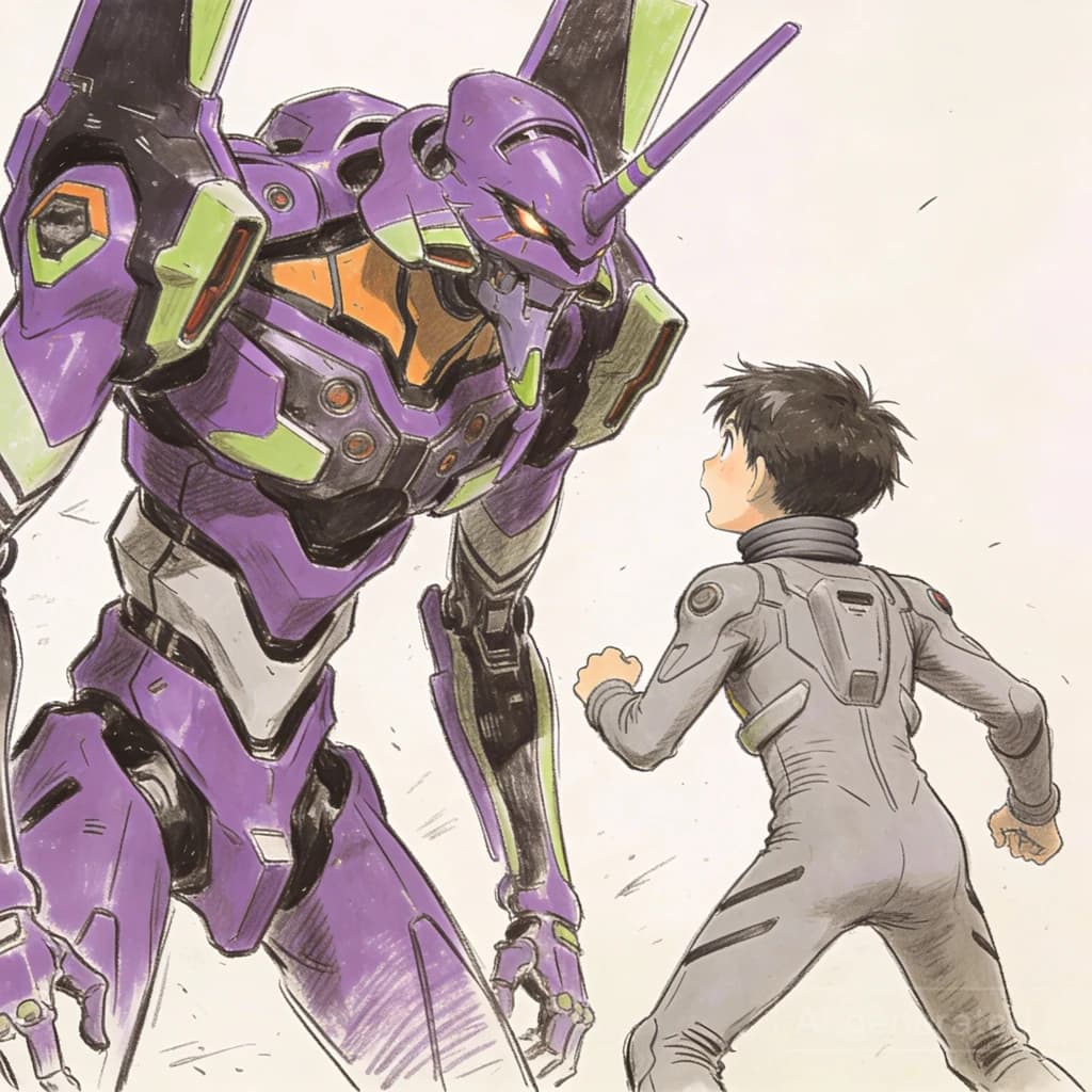 Clad in his body suit up to the neck, young Masa nervously approaches the towering mech with his back facing us. He is nervous for his first time in the field. The mech's bright purple colour scheme contrasts with the grey body suit. The scale of the mech dwarfs Masa. Hand drawn style