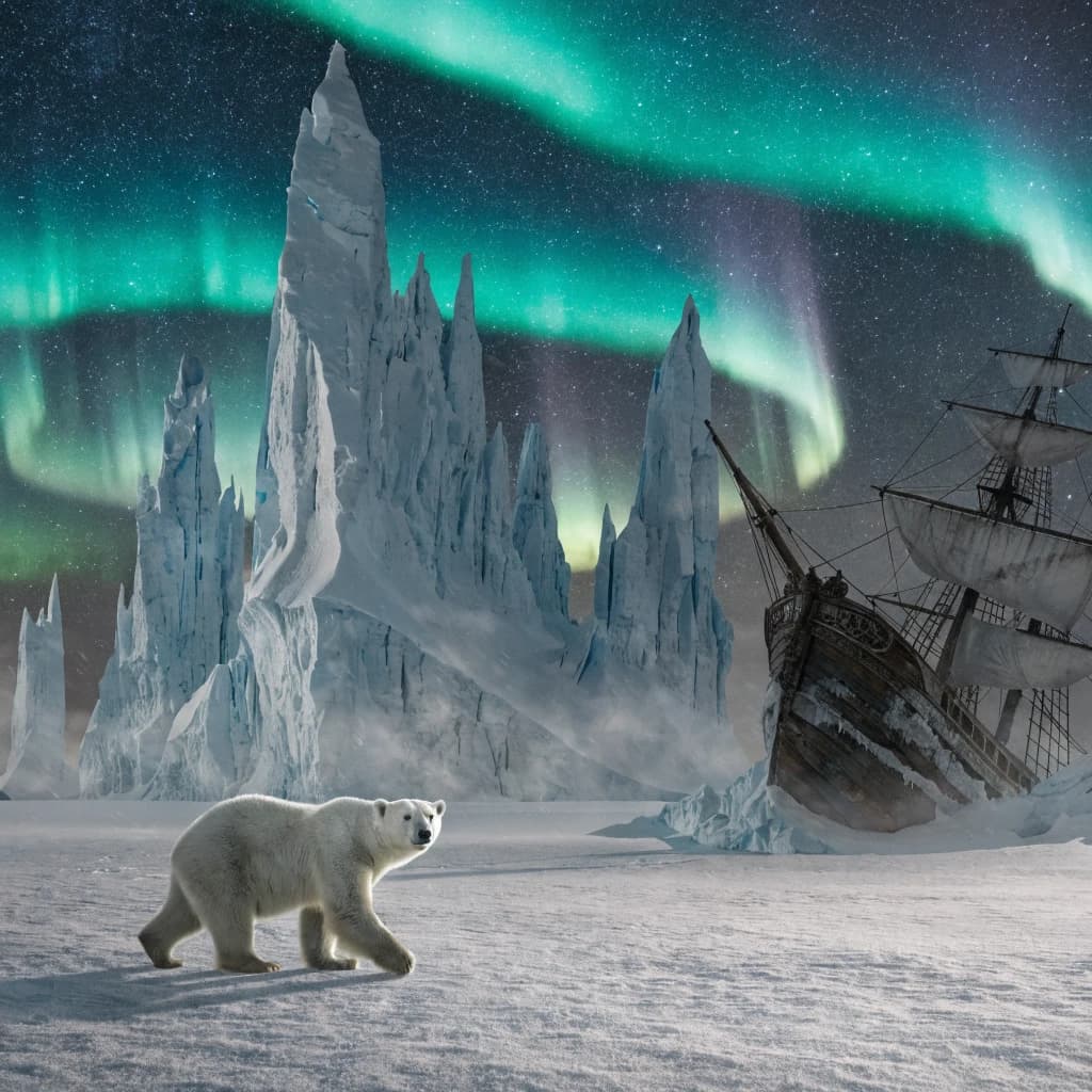 An endless tundra stretches outward, littered with jagged icebergs shaped like cathedral spires. A polar bear trudges across the foreground but leaves no tracks. Auroras ripple overhead. A half-buried shipwreck juts from the snow — sails billowing despite the still air.
