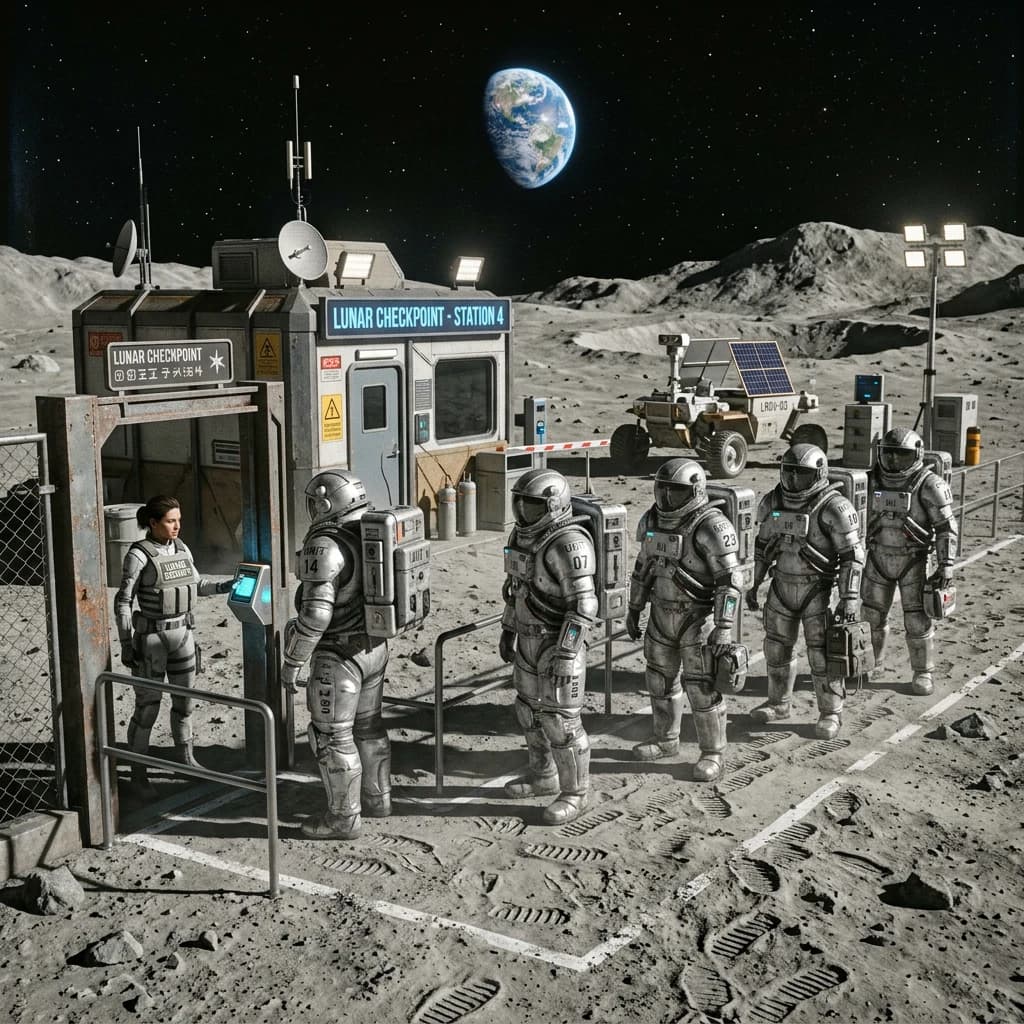 Silver exosuits queue at a dusty lunar checkpoint.