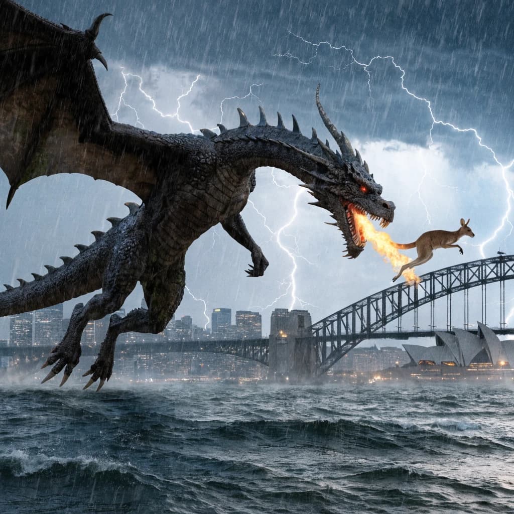 A dragon breathes fire at a kangaroo that is running away by climbing over the top of the Sydney Harbour Bridge. Opera House visible in the background.