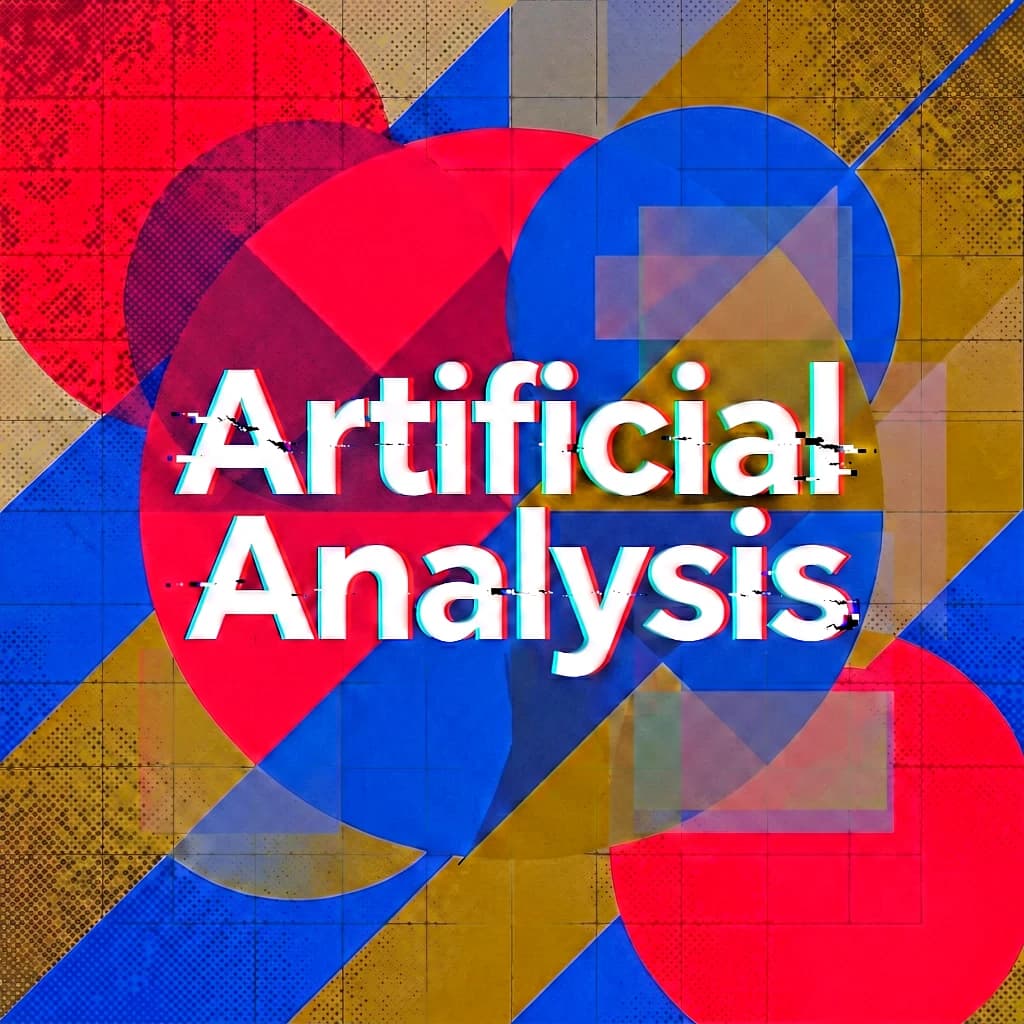 A bold poster composition dominated by flat geometric shapes in crimson, cobalt, and ochre. Overlapping circles and sharp diagonal lines create dynamic tension across the frame. A single sans-serif word — Artificial Analysis — stretches across the center in stark white, distorted slightly as though caught mid-glitch. The background is textured with halftone dots and faint grid lines, while subtle overlays of translucent rectangles suggest depth. Designed in the spirit of modernist Swiss typography fused with digital glitch aesthetics.