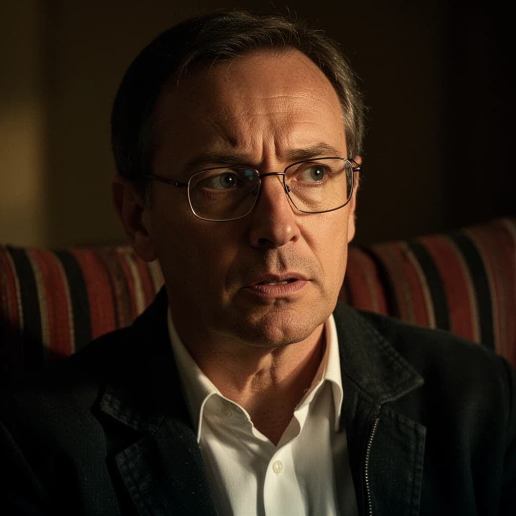 A sharply lit portrait of a middle-aged man wearing thin-rimmed glasses and a dark jacket over a white collared shirt. He gazes intently to the side, his face half illuminated by warm light while the background recedes into deep shadow. The expression is thoughtful, almost wary, as if caught mid-conversation. Behind him, a striped cushion in muted reds and blacks adds subtle texture, contrasting with the crisp highlights on his forehead and glasses. The overall mood is contemplative and cinematic, balancing warmth with tension.
