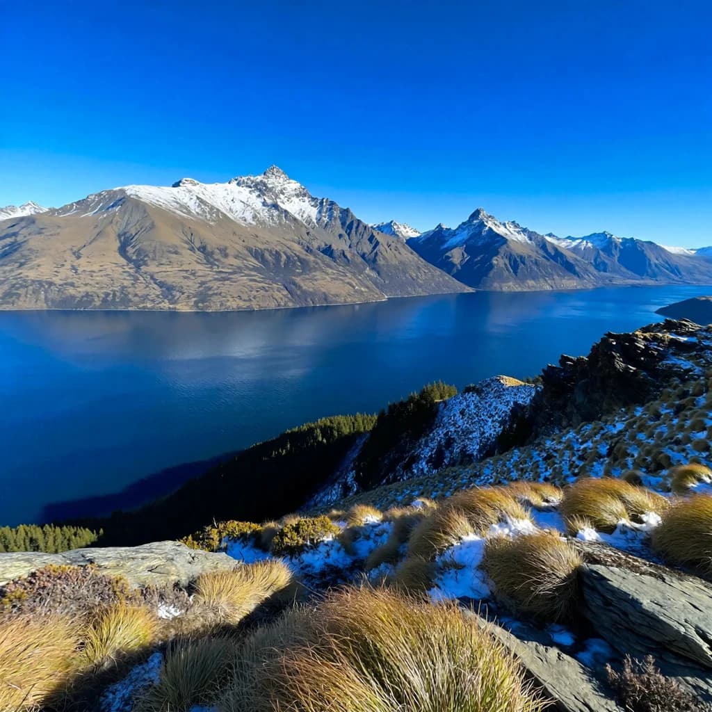 Queenstown's Lake Wakatipu, viewed from the top of Queenstown Hill after a snowstorm just dusted the top of Cecil's Peak