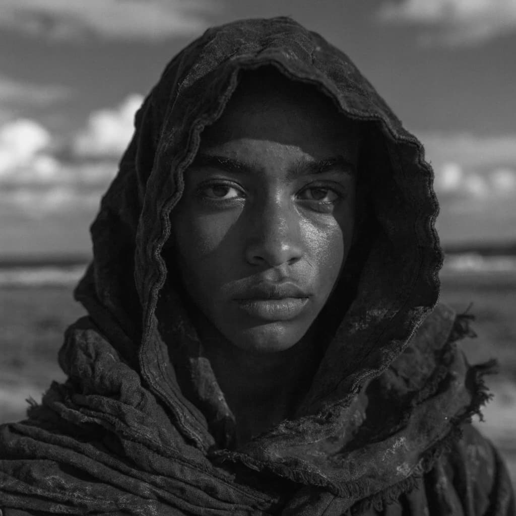 A dramatic black-and-white portrait of a young person draped in a hooded garment, their face framed by the hood's dark folds. Their skin tone and the subtle sheen on their cheeks create striking tonal contrast against the deep shadows. Their eyes are piercing, looking directly into the lens with a calm, steady intensity—neither confrontational nor submissive, but deeply present. The texture of the fabric is visible: it's dense, slightly weathered, and whisper-thin creases catch the light. In the background, an expansive, out-of-focus landscape suggests open space—perhaps distant plains or water—though the details remain soft and abstract. The overall mood is silent yet powerful, poised between vulnerability and resilience, with every highlight and shadow telling part of their story.