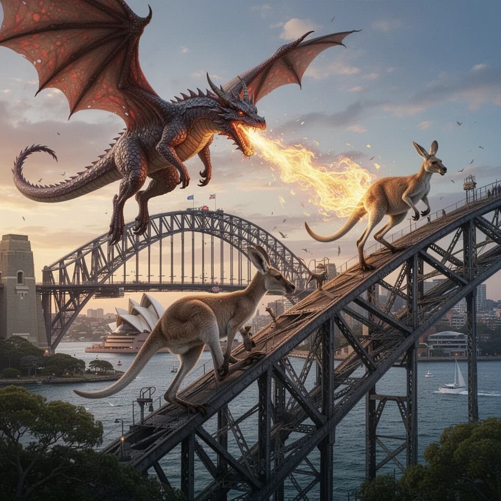 A dragon breathes fire at a kangaroo that is running away by climbing over the top of the Sydney Harbour Bridge. Opera House visible in the background.
