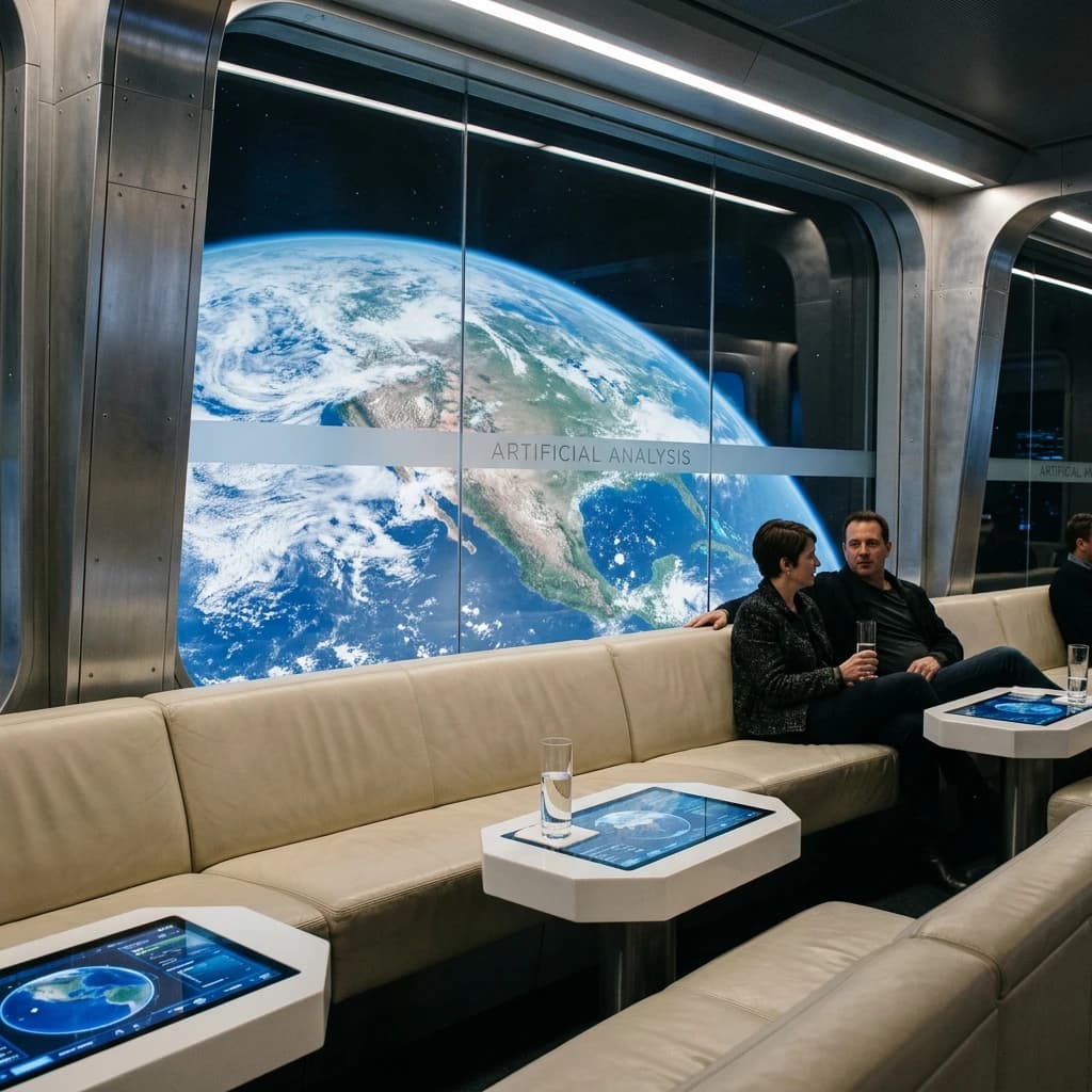 The orbital lounge has brushed aluminum walls and pale leather banquettes. Low white tables are inset with glowing touchscreens. Drinks are clear, flavorless, in tall unmarked glasses. The viewport is floor-to-ceiling, showing Earth moving slowly beneath. The word Artificial Analysis is etched discreetly on the glass in a frosted band.