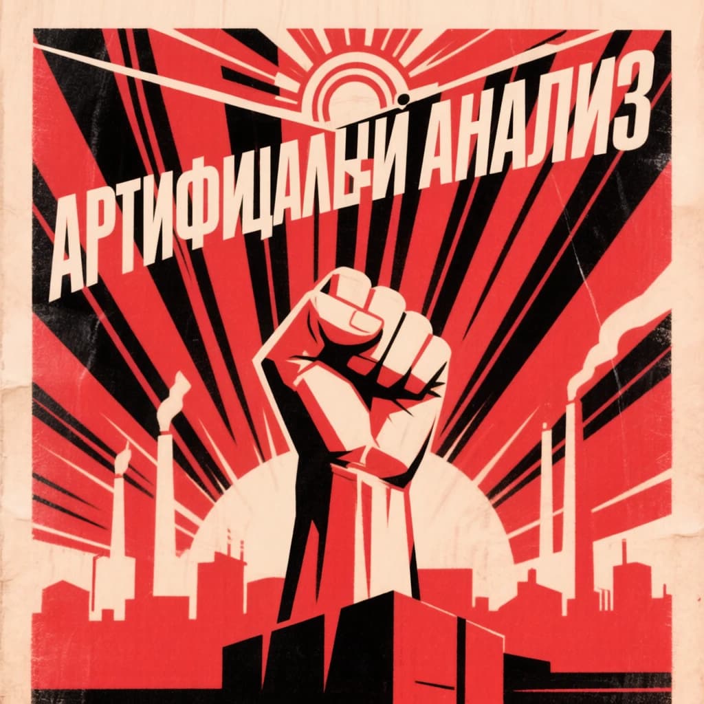 A propaganda poster in stark red, black, and beige. A clenched fist rises in the foreground, rendered with sharp geometric blocks. Behind it, radiating lines stretch upward toward a stylized sun. At the top, bold sans-serif lettering in Cyrillic-inspired type spells out Artificial Analysis, tilted at an angle for emphasis. A factory skyline silhouettes the bottom edge, smoke stacks rising into the background. The texture is rough, printed on aged paper with visible creases and ink bleed. Designed in the constructivist Soviet poster style.