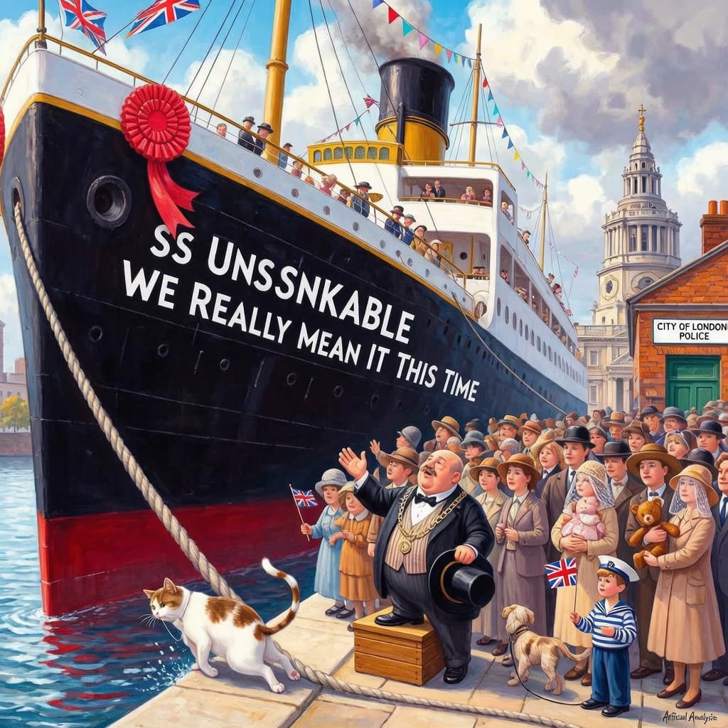 An impressionistic painting of the mighty steamer the "SS Unsinkable We Really Mean It This Time" on a cloudy but bright London morning about to set out on her maiden voyage. A jubilant crowd is gathered on the dock around the paunchy mayor who is making a speech, gesticulating wildly with his hands. The gangways are busy with well heeled ladies and gentlemen making their way onto the ship. A cheeky cat hangs over the water, clinging to the mooring rope after an ill-fated attempt to climb up. The artist has signed his name "Artificial Analysis" in the bottom corner