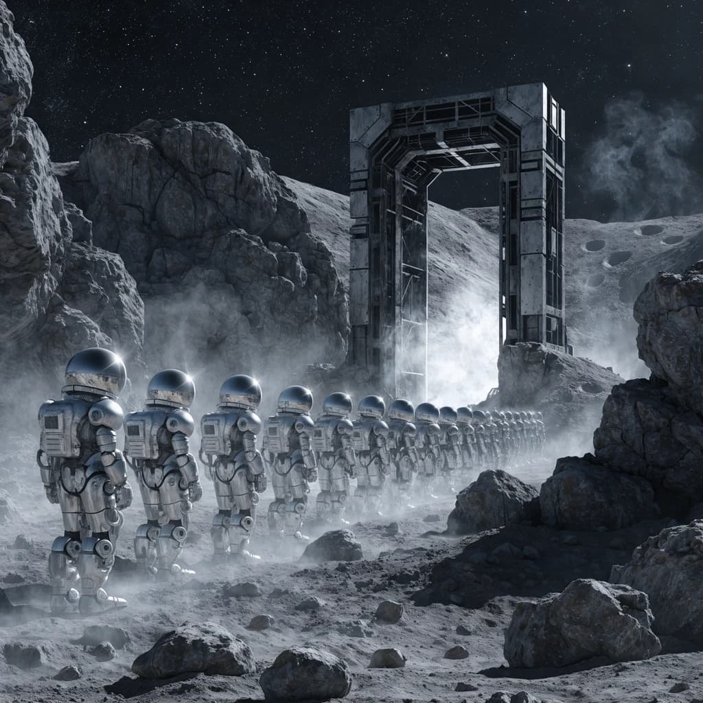 Silver exosuits queue at a dusty lunar checkpoint.