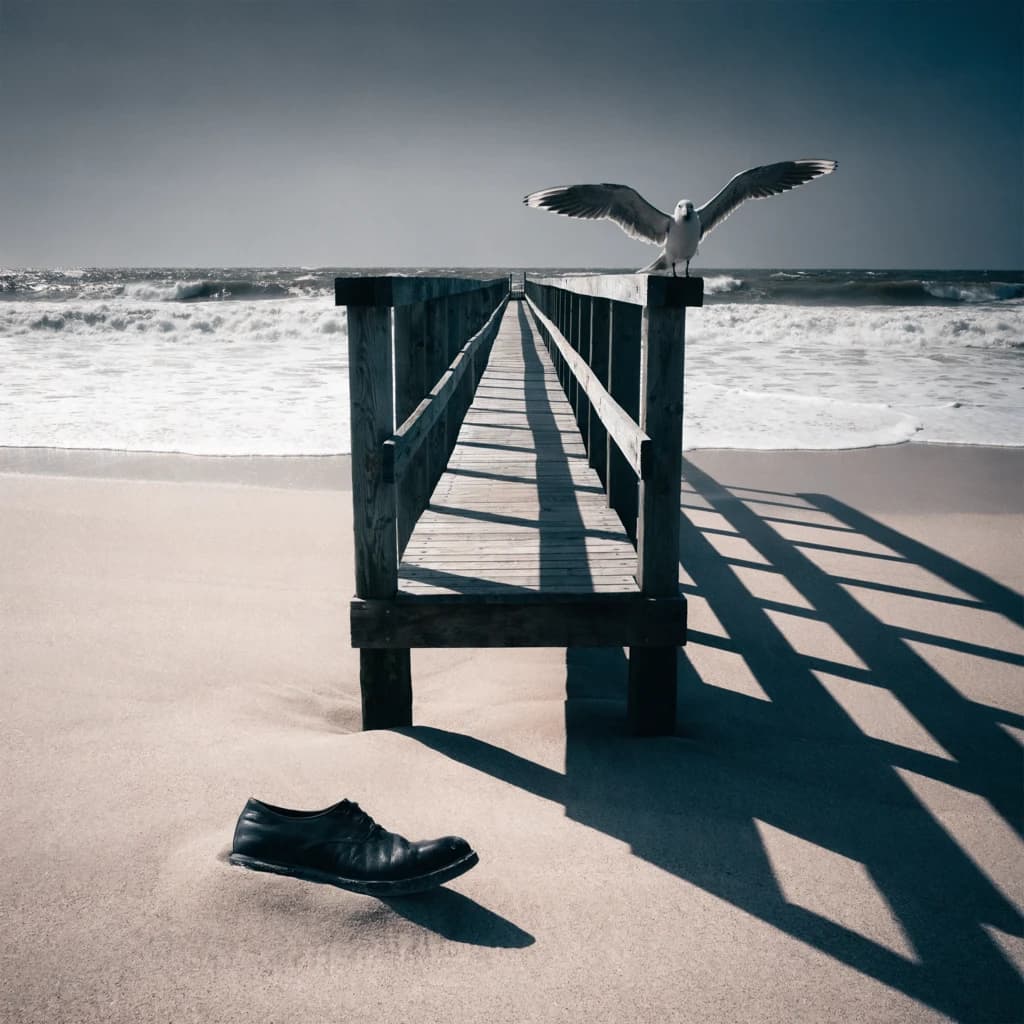 The beach is flat, sand beige, granular, no shells, except for a single left shoe, black leather, size eleven, half buried at an angle. The pier extends straight into the water, wood untreated, grain visible, though the support posts vanish before they touch the surface. The sky is uniformly gray, no clouds, yet shadows stretch at sharp diagonals. A single gull sits on the railing, wings outstretched, frozen mid-flap, no movement.