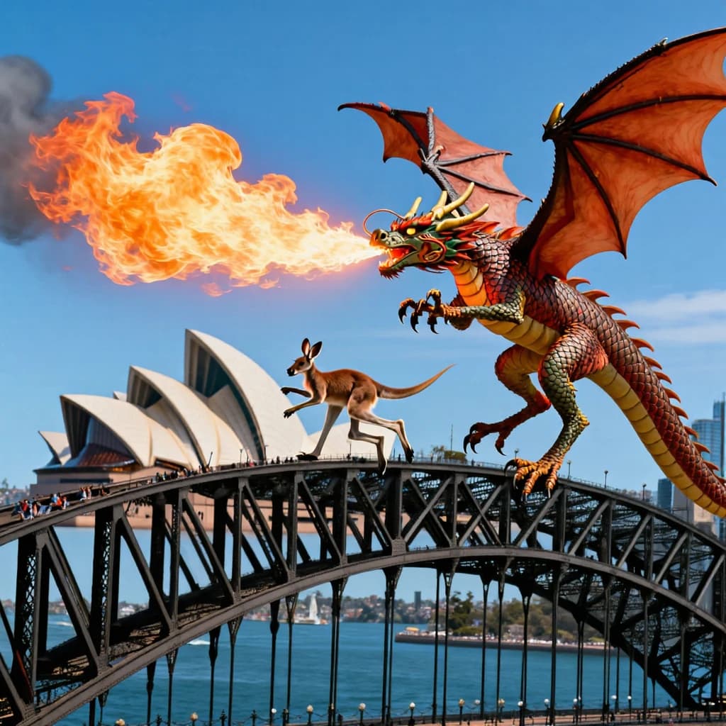 A dragon breathes fire at a kangaroo that is running away by climbing over the top of the Sydney Harbour Bridge. Opera House visible in the background.