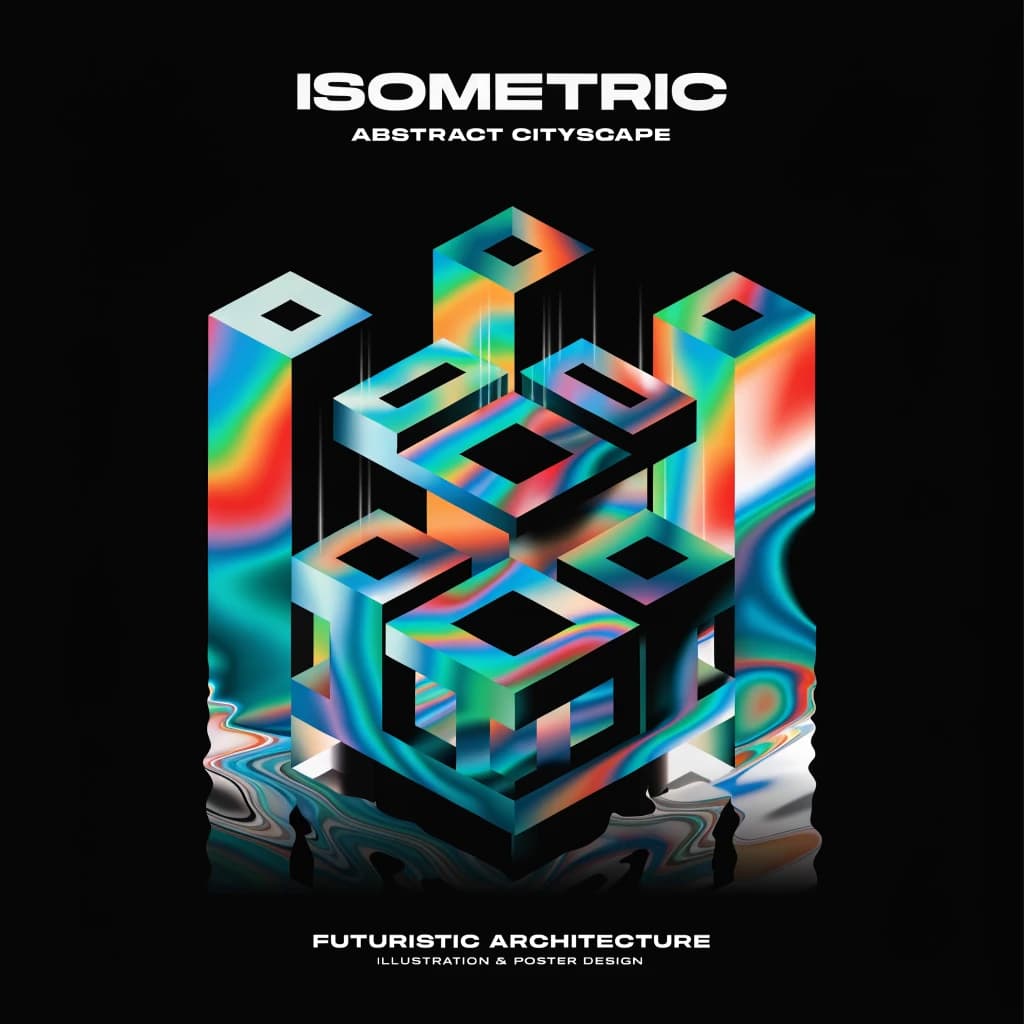 Render an isometric city poster with geometric buildings, neon gradients, gloss highlights, soft AO shadows, clean sans-serif lettering, grid layout, reflections a bit overexposed.