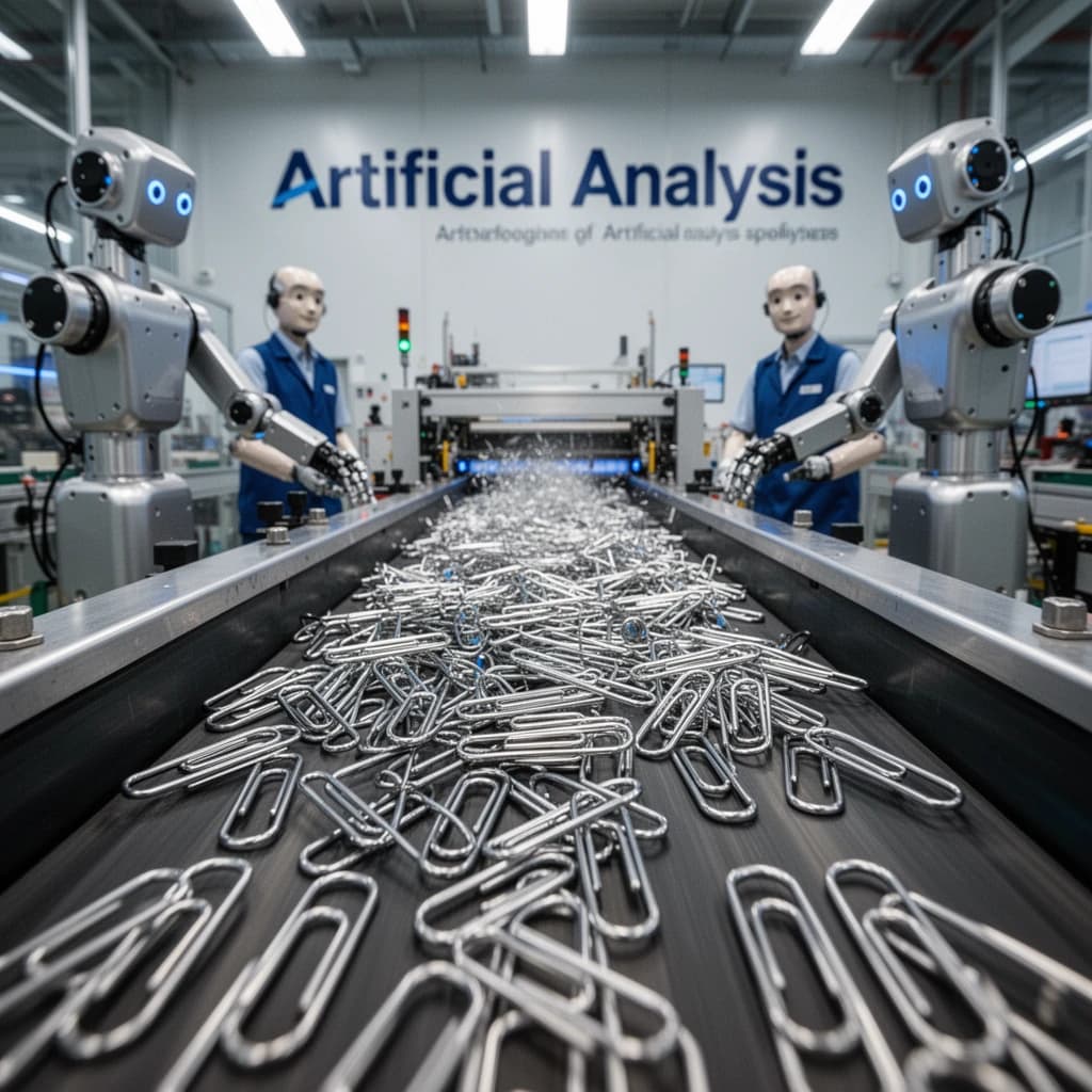Close up point of view perspective on a conveyor belt pumping out paperclips at a maddening pace. The high tech factory has Artificial Analysis printed proudly on the wall. Robot staff look approvingly over the robust output.