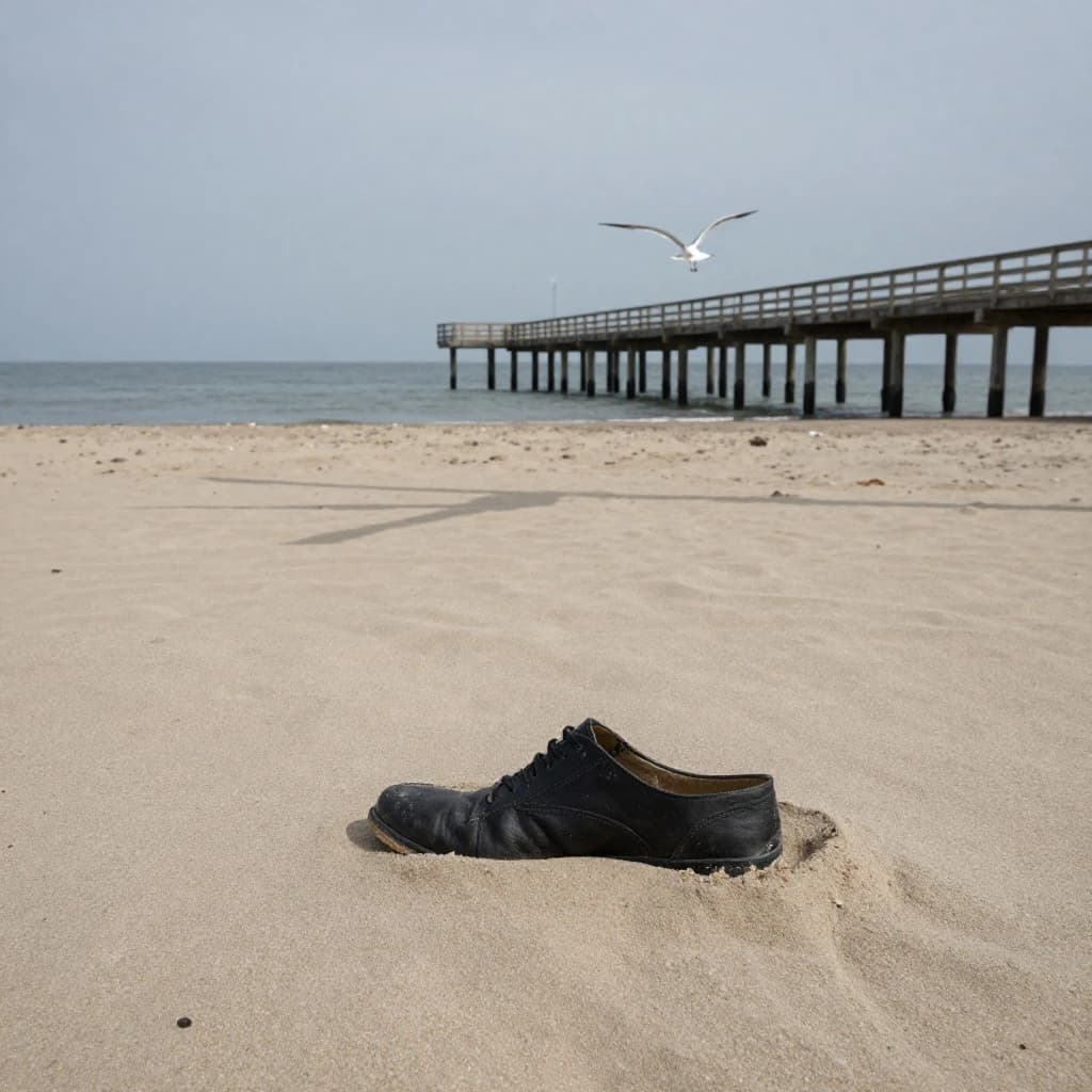 The beach is flat, sand beige, granular, no shells, except for a single left shoe, black leather, size eleven, half buried at an angle. The pier extends straight into the water, wood untreated, grain visible, though the support posts vanish before they touch the surface. The sky is uniformly gray, no clouds, yet shadows stretch at sharp diagonals. A single gull sits on the railing, wings outstretched, frozen mid-flap, no movement.
