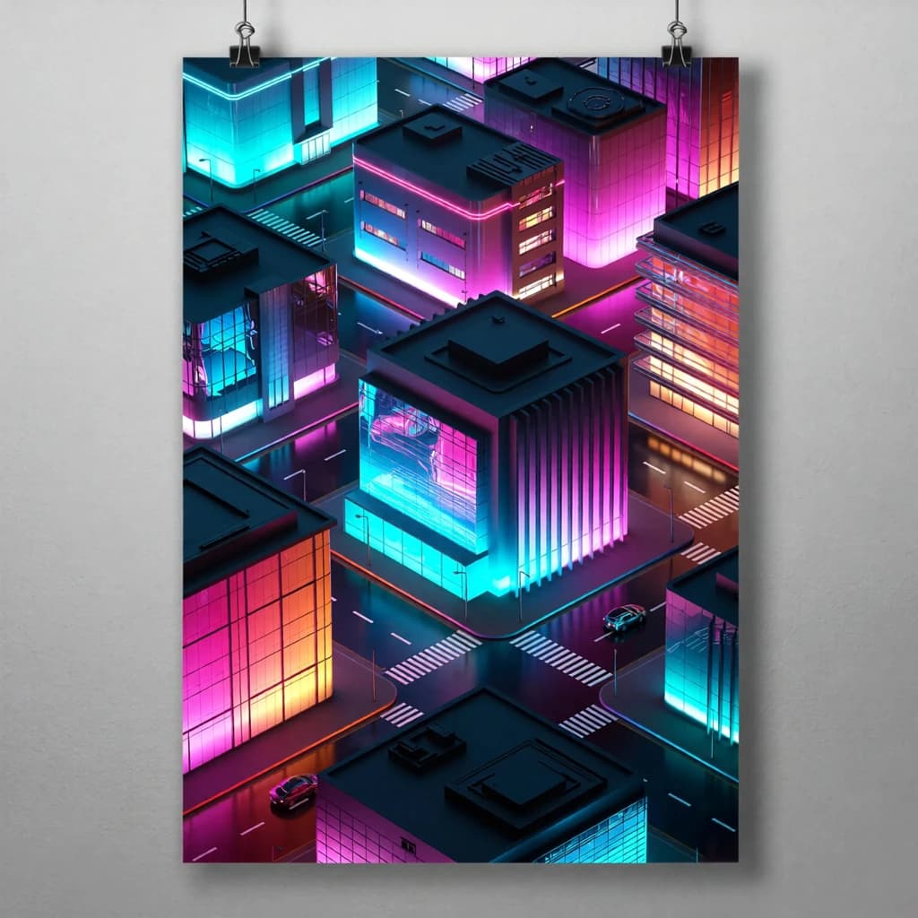 Render an isometric city poster with geometric buildings, neon gradients, gloss highlights, soft AO shadows, clean sans-serif lettering, grid layout, reflections a bit overexposed.