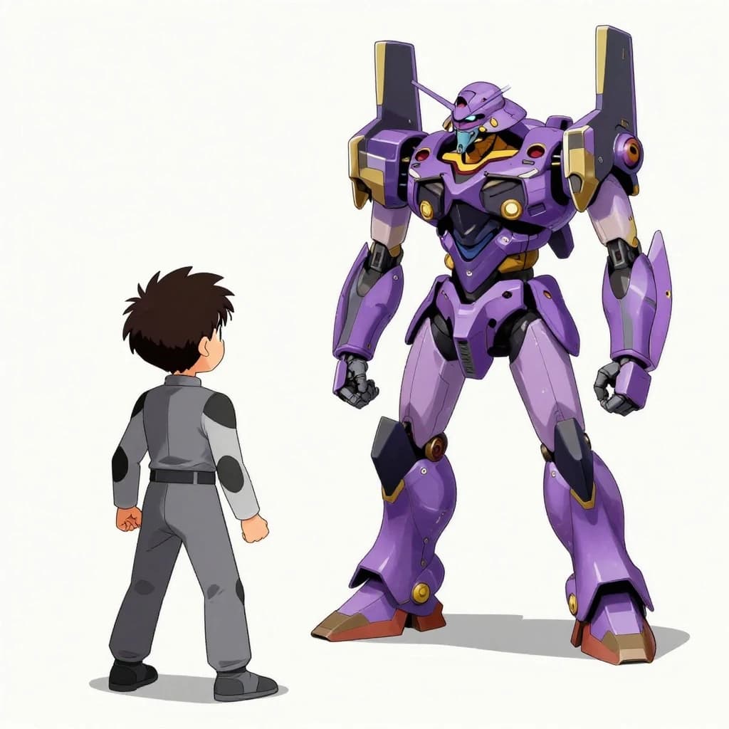 Clad in his body suit up to the neck, young Masa nervously approaches the towering mech with his back facing us. He is nervous for his first time in the field. The mech's bright purple colour scheme contrasts with the grey body suit. The scale of the mech dwarfs Masa. Hand drawn style