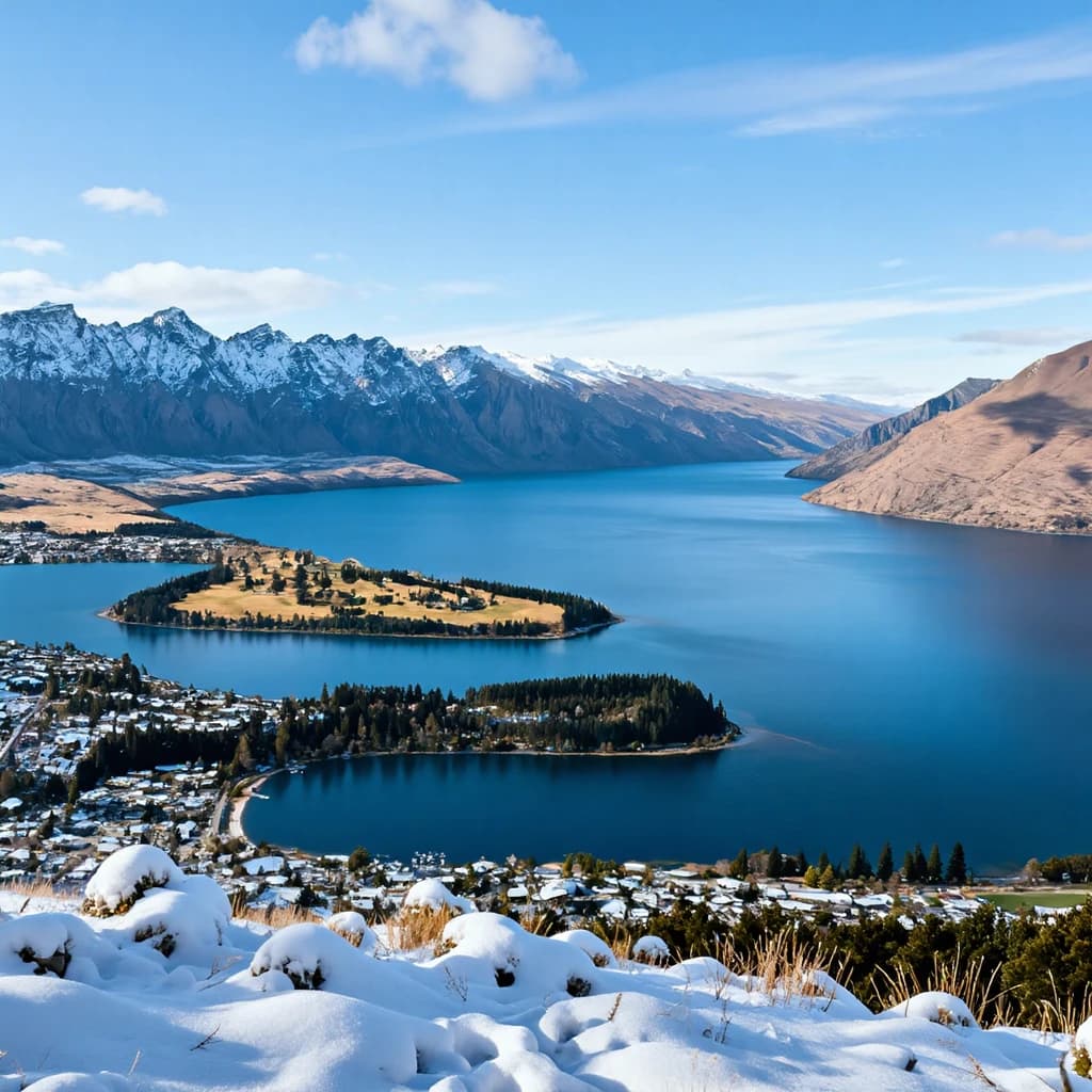 Queenstown's Lake Wakatipu, viewed from the top of Queenstown Hill after a snowstorm just dusted the top of Cecil's Peak