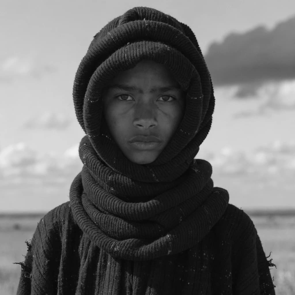 A dramatic black-and-white portrait of a young person draped in a hooded garment, their face framed by the hood's dark folds. Their skin tone and the subtle sheen on their cheeks create striking tonal contrast against the deep shadows. Their eyes are piercing, looking directly into the lens with a calm, steady intensity—neither confrontational nor submissive, but deeply present. The texture of the fabric is visible: it's dense, slightly weathered, and whisper-thin creases catch the light. In the background, an expansive, out-of-focus landscape suggests open space—perhaps distant plains or water—though the details remain soft and abstract. The overall mood is silent yet powerful, poised between vulnerability and resilience, with every highlight and shadow telling part of their story.
