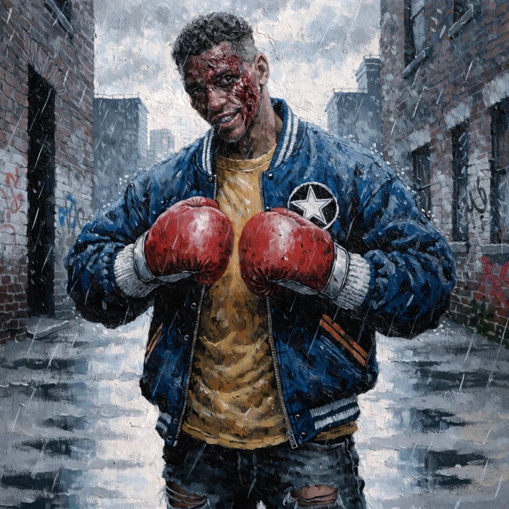 Paint a bruised boxer smiling, serious expression.