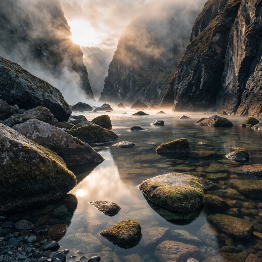 Frame a foggy fjord at sunrise, cliffs looming.