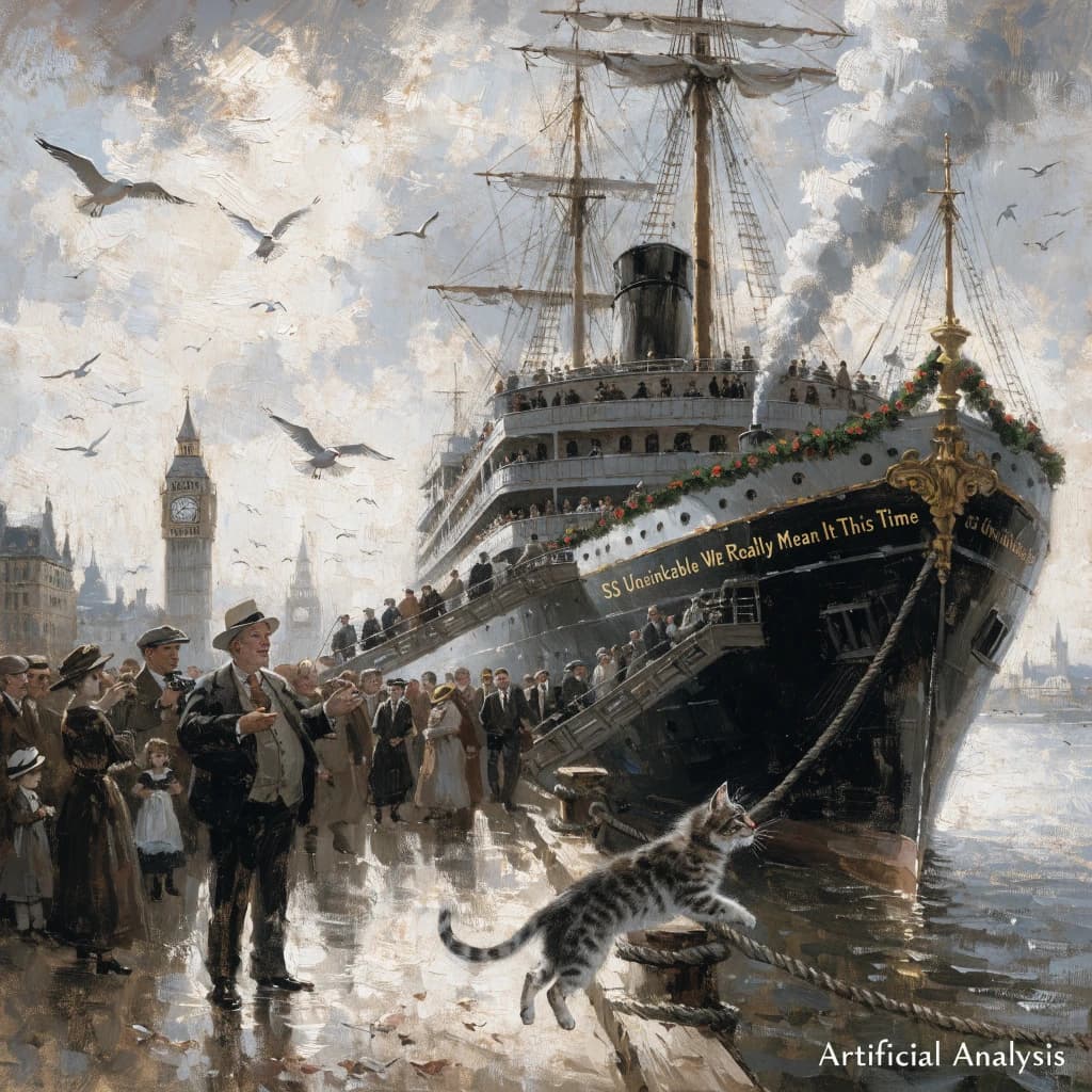 An impressionistic painting of the mighty steamer the "SS Unsinkable We Really Mean It This Time" on a cloudy but bright London morning about to set out on her maiden voyage. A jubilant crowd is gathered on the dock around the paunchy mayor who is making a speech, gesticulating wildly with his hands. The gangways are busy with well heeled ladies and gentlemen making their way onto the ship. A cheeky cat hangs over the water, clinging to the mooring rope after an ill-fated attempt to climb up. The artist has signed his name "Artificial Analysis" in the bottom corner