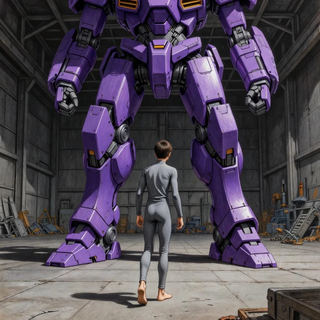 Clad in his body suit up to the neck, young Masa nervously approaches the towering mech with his back facing us. He is nervous for his first time in the field. The mech's bright purple colour scheme contrasts with the grey body suit. The scale of the mech dwarfs Masa. Hand drawn style