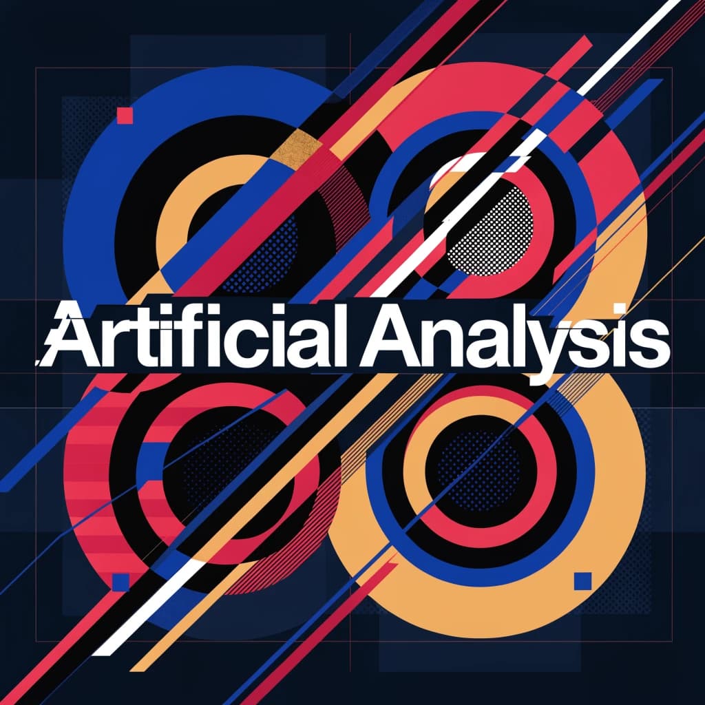 A bold poster composition dominated by flat geometric shapes in crimson, cobalt, and ochre. Overlapping circles and sharp diagonal lines create dynamic tension across the frame. A single sans-serif word — Artificial Analysis — stretches across the center in stark white, distorted slightly as though caught mid-glitch. The background is textured with halftone dots and faint grid lines, while subtle overlays of translucent rectangles suggest depth. Designed in the spirit of modernist Swiss typography fused with digital glitch aesthetics.