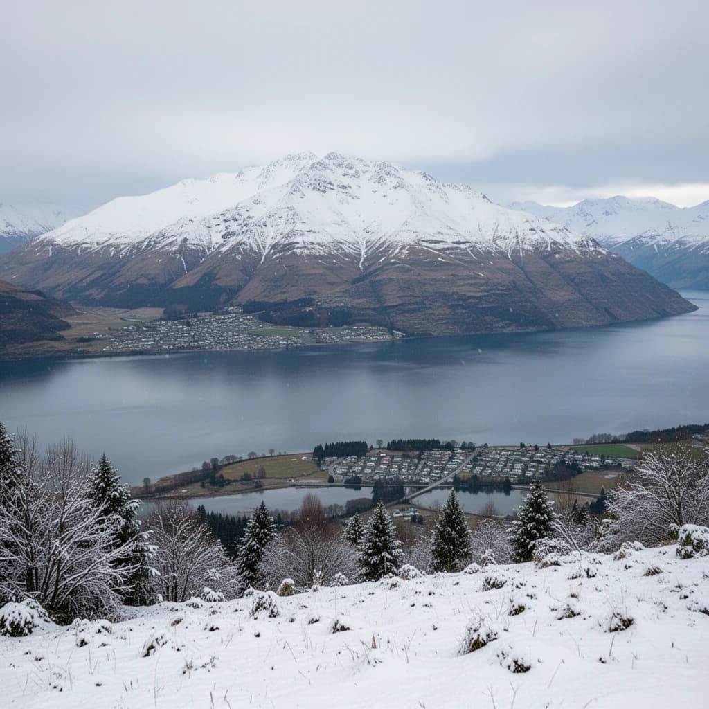 Queenstown's Lake Wakatipu, viewed from the top of Queenstown Hill after a snowstorm just dusted the top of Cecil's Peak