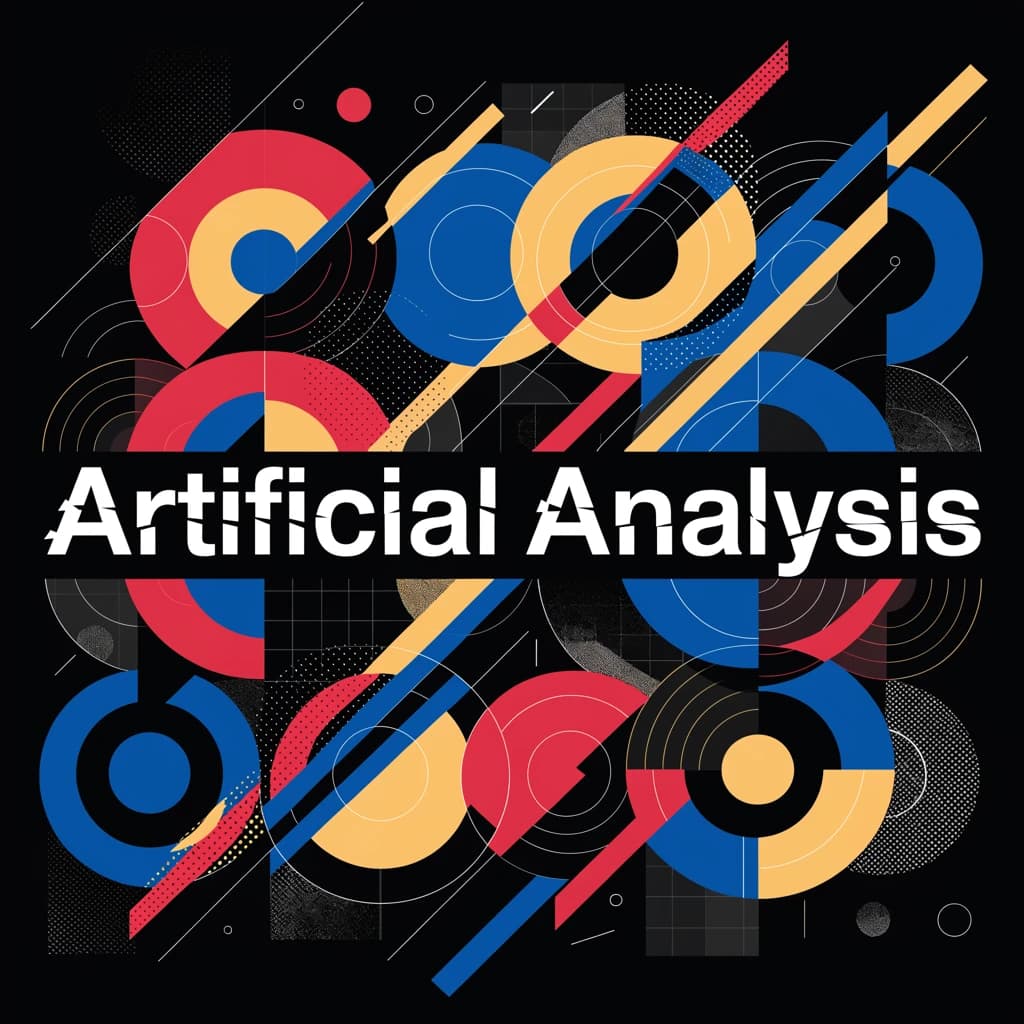 A bold poster composition dominated by flat geometric shapes in crimson, cobalt, and ochre. Overlapping circles and sharp diagonal lines create dynamic tension across the frame. A single sans-serif word — Artificial Analysis — stretches across the center in stark white, distorted slightly as though caught mid-glitch. The background is textured with halftone dots and faint grid lines, while subtle overlays of translucent rectangles suggest depth. Designed in the spirit of modernist Swiss typography fused with digital glitch aesthetics.