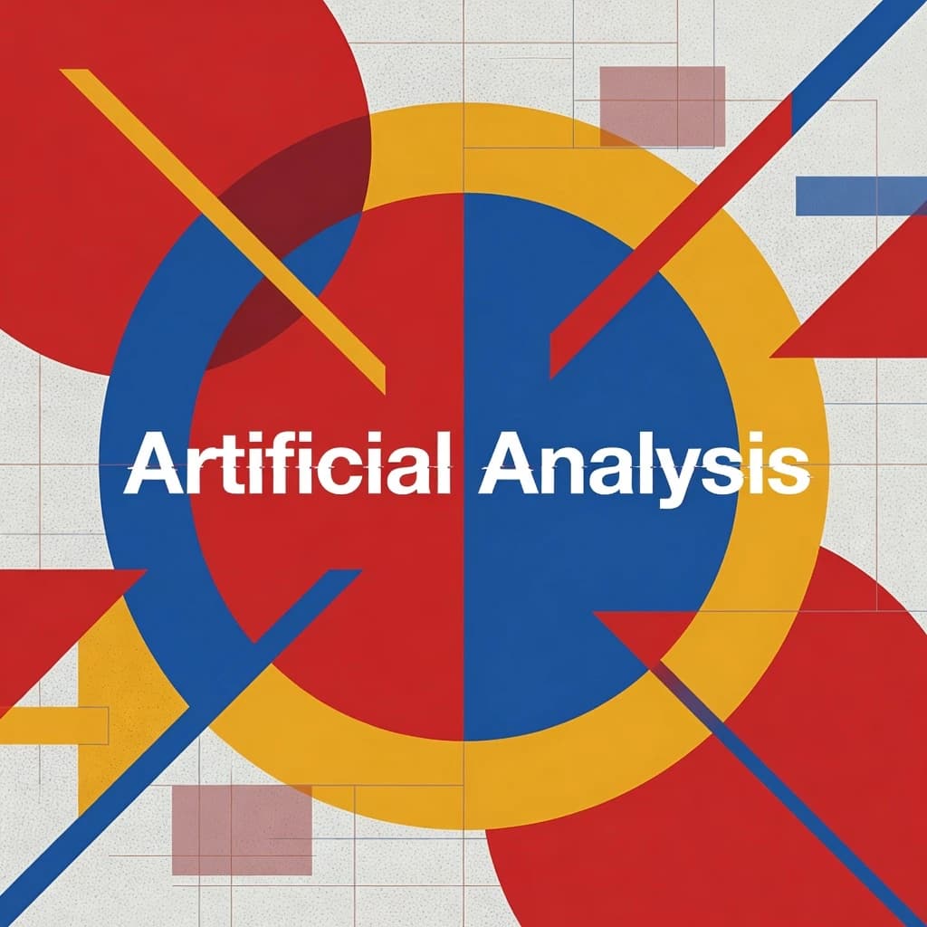 A bold poster composition dominated by flat geometric shapes in crimson, cobalt, and ochre. Overlapping circles and sharp diagonal lines create dynamic tension across the frame. A single sans-serif word — Artificial Analysis — stretches across the center in stark white, distorted slightly as though caught mid-glitch. The background is textured with halftone dots and faint grid lines, while subtle overlays of translucent rectangles suggest depth. Designed in the spirit of modernist Swiss typography fused with digital glitch aesthetics.