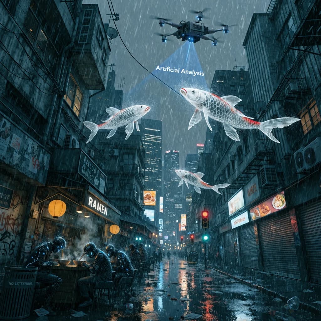 A neon alley in Neo-Tokyo 2142 drips with rain Cybernetic patrons slurp ramen at a stall with their glowing implants humming with blue light. Three giant holographic koi hover 10 metres above the ground and swim across the skyline, one has clipped into a building. A six-prop drone hovers nearby, projecting "Artificial Analysis" onto a wall with blue laser beams visible