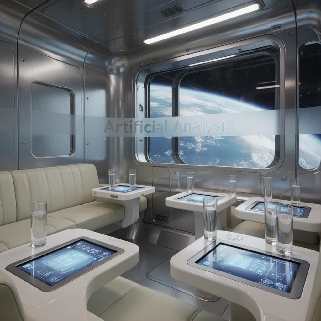 The orbital lounge has brushed aluminum walls and pale leather banquettes. Low white tables are inset with glowing touchscreens. Drinks are clear, flavorless, in tall unmarked glasses. The viewport is floor-to-ceiling, showing Earth moving slowly beneath. The word Artificial Analysis is etched discreetly on the glass in a frosted band.