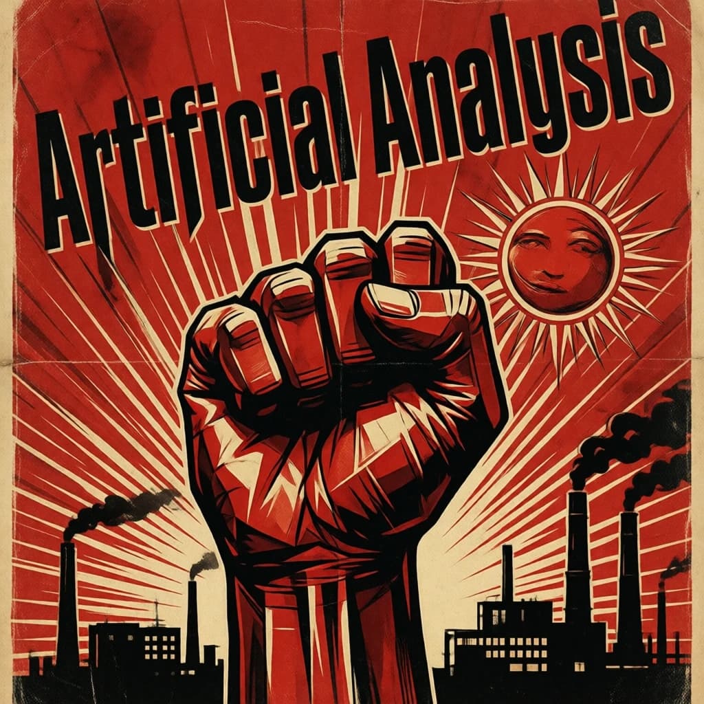 A propaganda poster in stark red, black, and beige. A clenched fist rises in the foreground, rendered with sharp geometric blocks. Behind it, radiating lines stretch upward toward a stylized sun. At the top, bold sans-serif lettering in Cyrillic-inspired type spells out Artificial Analysis, tilted at an angle for emphasis. A factory skyline silhouettes the bottom edge, smoke stacks rising into the background. The texture is rough, printed on aged paper with visible creases and ink bleed. Designed in the constructivist Soviet poster style.