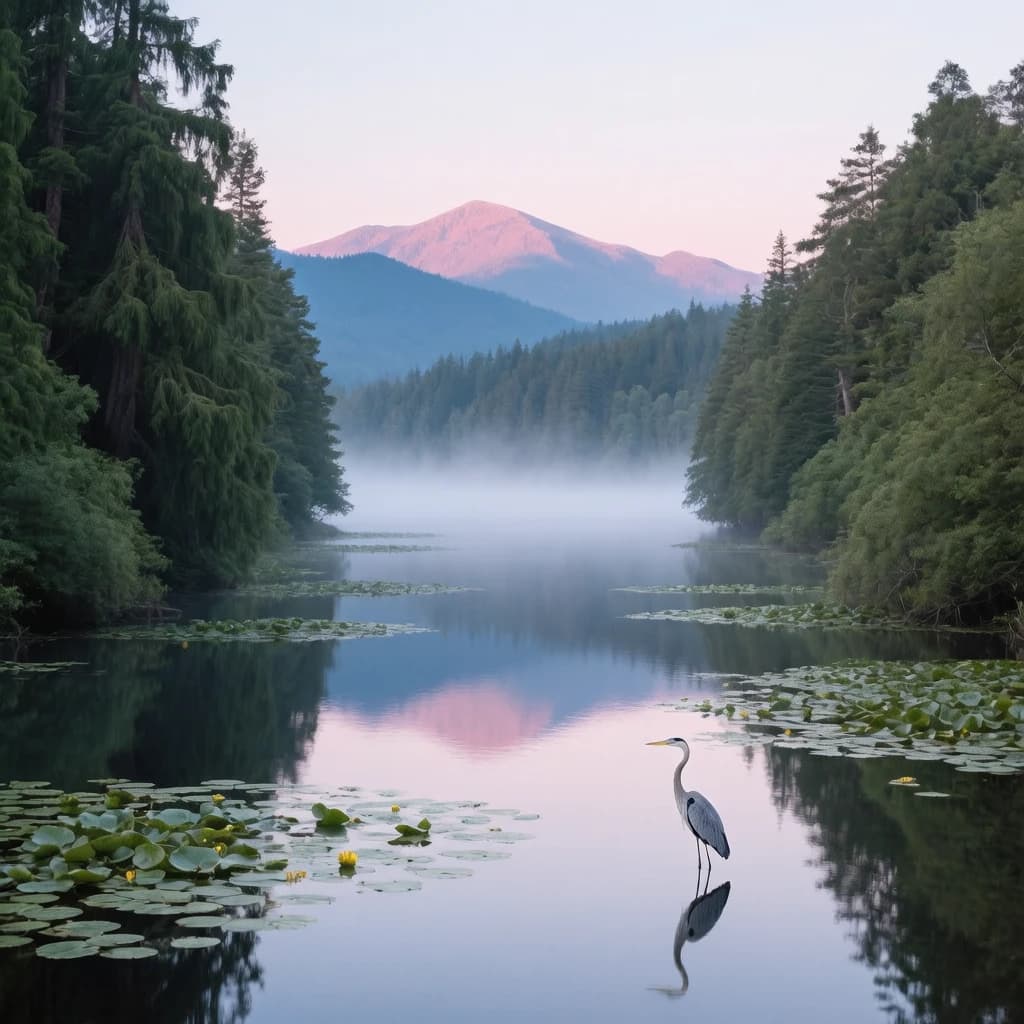 With pre-dawn mist along a cedar forest river and glassy water dotted with lily pads, distant mountains blush pink, and a heron stands still like it forgot what to do next.