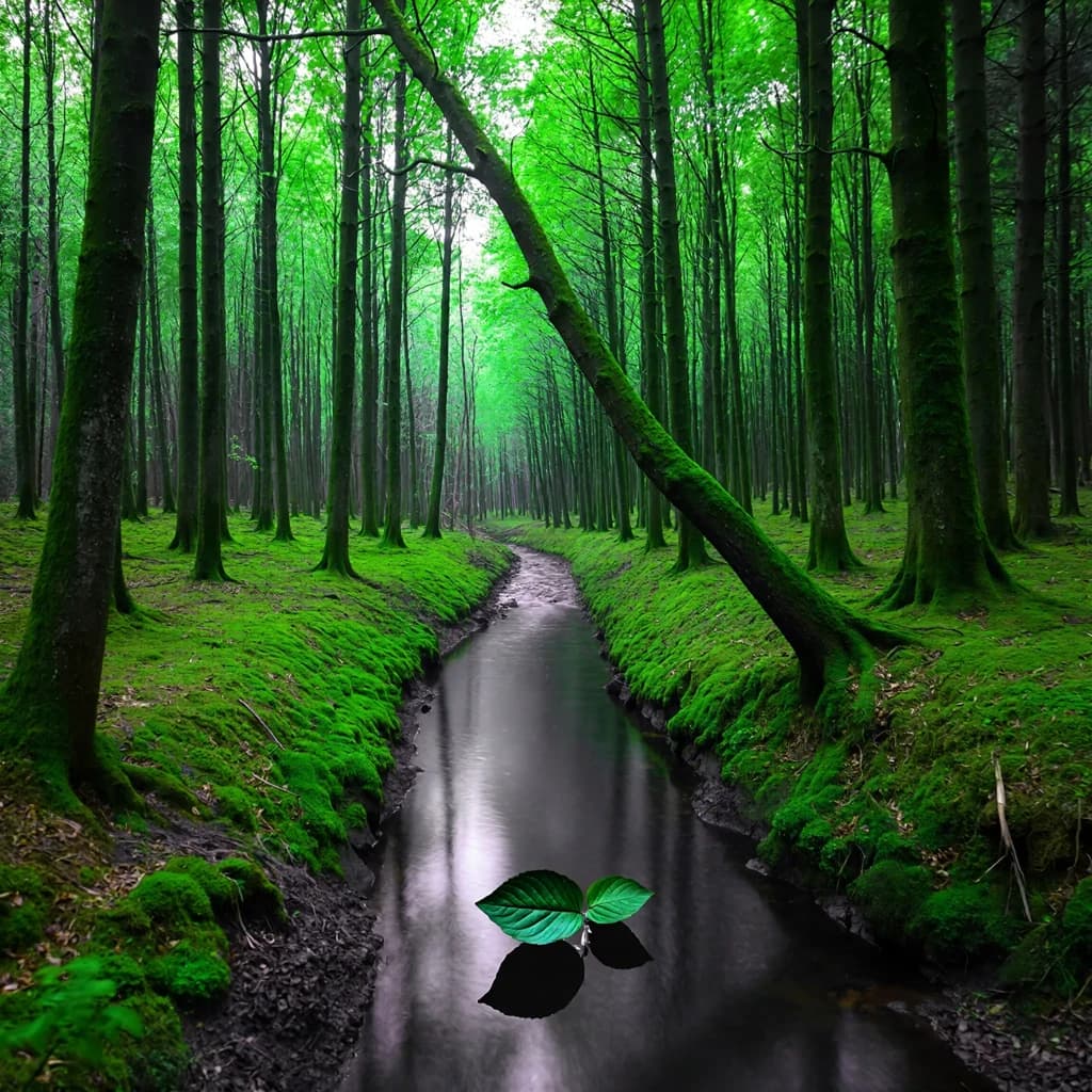 The forest is saturated green, trees identical in height and width, trunks straight, bark texture repeating. One trunk leans diagonally yet the branches remain vertical. The moss is emerald, glistening, though each patch forms identical diamond shapes. A stream runs straight, perfectly linear, water clear, reflecting clouds not visible in the sky. No animals, no insects, but one leaf floats on the water, doubled, showing two overlapping shadows.