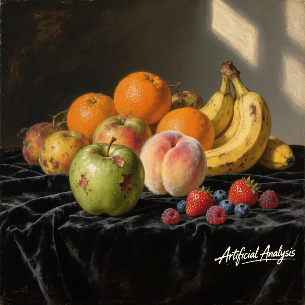 A still life scene painted oil on canvas, comprising various fruits on a black table cloth with striking lighting coming from the right out of frame, creating strong shadows. A bruised green apple is in the foreground, a peach behind it, and behind that a melange of oranges and bananas in various states of ripeness. Berries are strewn in front of the apple. The artist has signed his name "Artificial Analysis" in the bottom right corner in a hurried fashion.