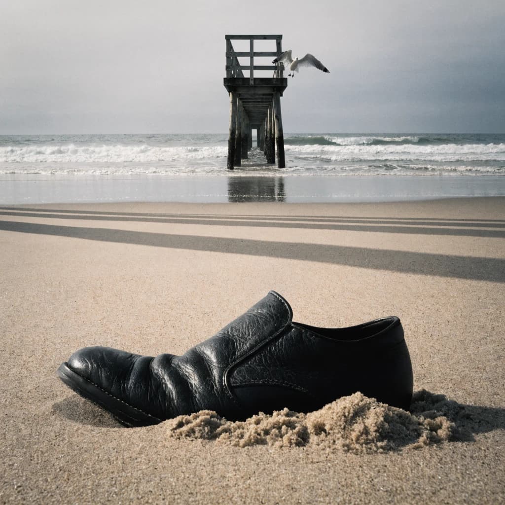 The beach is flat, sand beige, granular, no shells, except for a single left shoe, black leather, size eleven, half buried at an angle. The pier extends straight into the water, wood untreated, grain visible, though the support posts vanish before they touch the surface. The sky is uniformly gray, no clouds, yet shadows stretch at sharp diagonals. A single gull sits on the railing, wings outstretched, frozen mid-flap, no movement.
