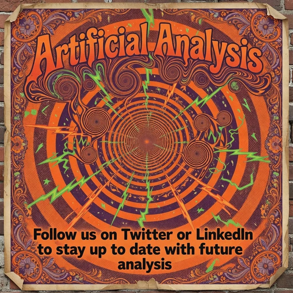 A portrait layout psychedelic concert poster from 1972 bathed in saturated oranges, deep purples, and acid greens. Swirling, hand-drawn typography arcs across the top, spelling out Artificial Analysis in bold, distorted letters that melt into spirals. Surrounded by radiating concentric circles and lightning-bolt motifs. The background is textured with halftone dots and faded paper creases, evoking a well-worn poster taped to a brick wall. Ornate floral borders frame the design, while the bottom features blocky retro lettering listing “Follow us on Twitter or LinkedIn to stay up to date with future analysis” in smaller text.