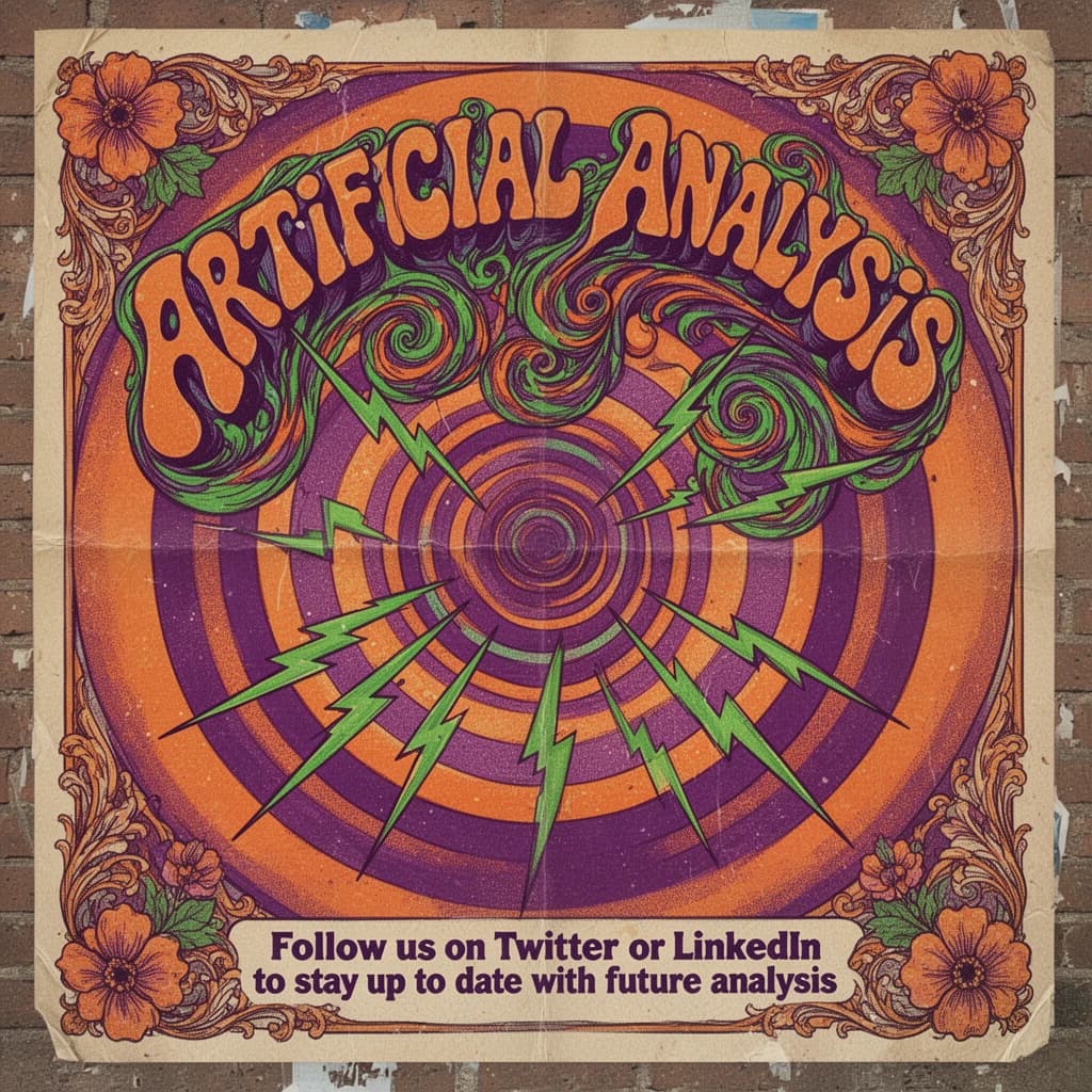 A portrait layout psychedelic concert poster from 1972 bathed in saturated oranges, deep purples, and acid greens. Swirling, hand-drawn typography arcs across the top, spelling out Artificial Analysis in bold, distorted letters that melt into spirals. Surrounded by radiating concentric circles and lightning-bolt motifs. The background is textured with halftone dots and faded paper creases, evoking a well-worn poster taped to a brick wall. Ornate floral borders frame the design, while the bottom features blocky retro lettering listing “Follow us on Twitter or LinkedIn to stay up to date with future analysis” in smaller text.