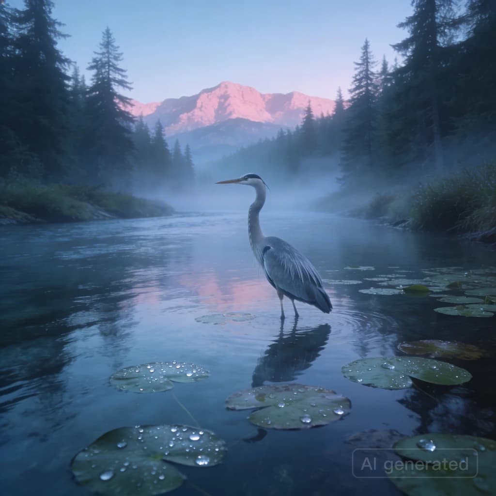 With pre-dawn mist along a cedar forest river and glassy water dotted with lily pads, distant mountains blush pink, and a heron stands still like it forgot what to do next.