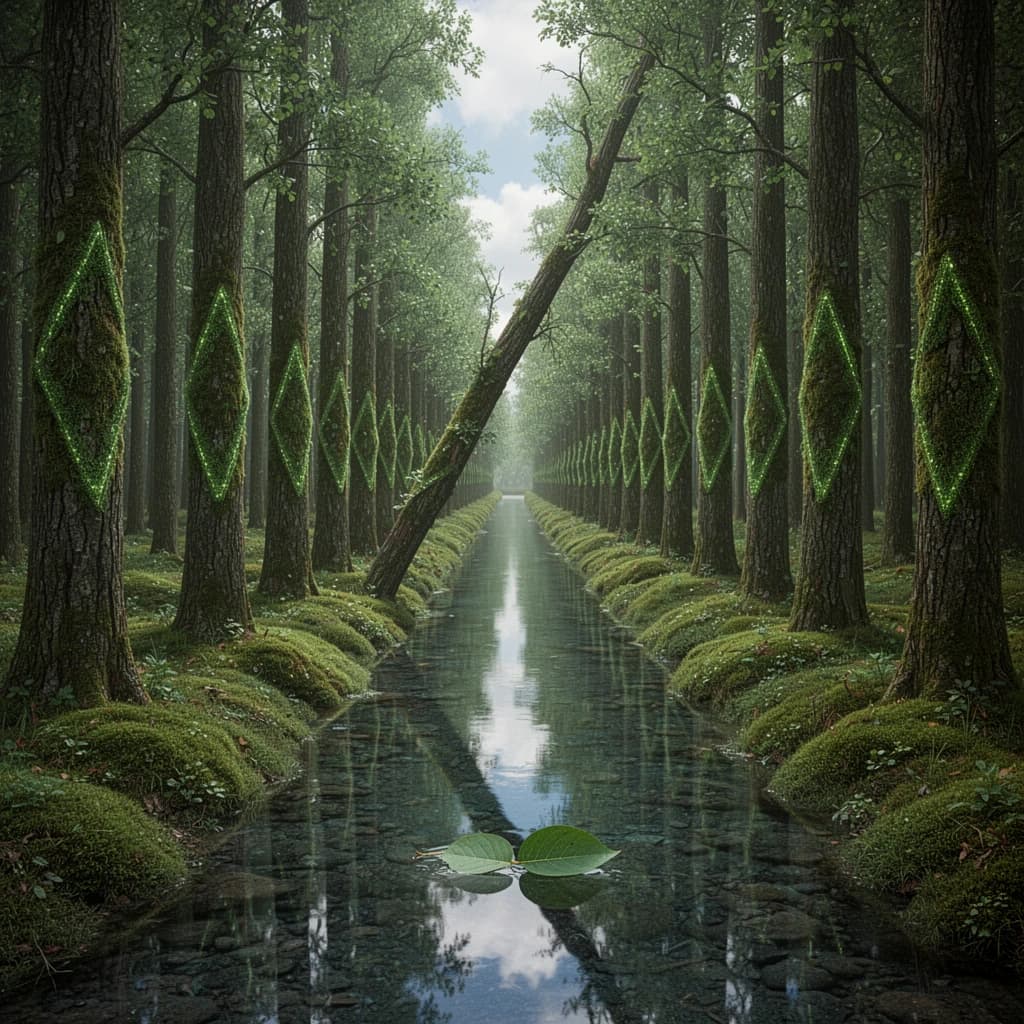 The forest is saturated green, trees identical in height and width, trunks straight, bark texture repeating. One trunk leans diagonally yet the branches remain vertical. The moss is emerald, glistening, though each patch forms identical diamond shapes. A stream runs straight, perfectly linear, water clear, reflecting clouds not visible in the sky. No animals, no insects, but one leaf floats on the water, doubled, showing two overlapping shadows.