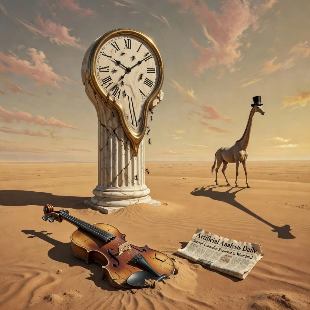 A vast desert plain stretches endlessly under a sky streaked with pale pink and ochre clouds. In the center stands a colossal clock, its face drooping and melting over the edge of a broken marble column. Ants swarm across its warped surface, glinting in the harsh sunlight. To the right, a horse with a giraffe like neck wearing a top hat strides toward the horizon, its shadow stretching miles across the sand. A cracked violin lies half-buried in the foreground, strings snapping outward like veins. Painted in the dreamlike surrealist style. A newspaper named the "Artificial Analysis Daily" lies on the Floor.