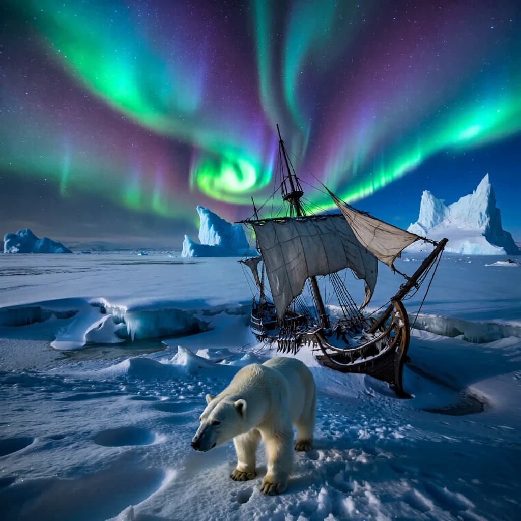 An endless tundra stretches outward, littered with jagged icebergs shaped like cathedral spires. A polar bear trudges across the foreground but leaves no tracks. Auroras ripple overhead. A half-buried shipwreck juts from the snow — sails billowing despite the still air.