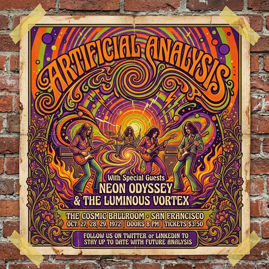 A portrait layout psychedelic concert poster from 1972 bathed in saturated oranges, deep purples, and acid greens. Swirling, hand-drawn typography arcs across the top, spelling out Artificial Analysis in bold, distorted letters that melt into spirals. Surrounded by radiating concentric circles and lightning-bolt motifs. The background is textured with halftone dots and faded paper creases, evoking a well-worn poster taped to a brick wall. Ornate floral borders frame the design, while the bottom features blocky retro lettering listing “Follow us on Twitter or LinkedIn to stay up to date with future analysis” in smaller text.
