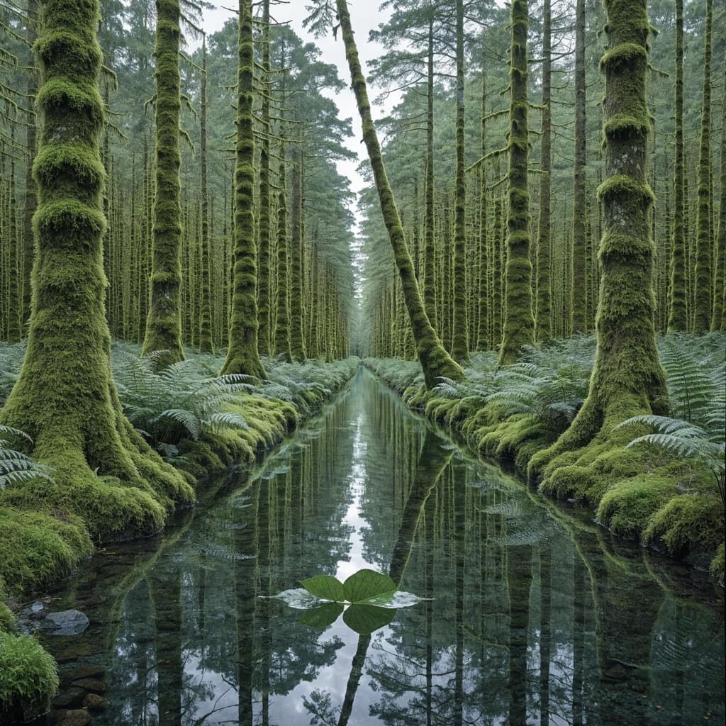 The forest is saturated green, trees identical in height and width, trunks straight, bark texture repeating. One trunk leans diagonally yet the branches remain vertical. The moss is emerald, glistening, though each patch forms identical diamond shapes. A stream runs straight, perfectly linear, water clear, reflecting clouds not visible in the sky. No animals, no insects, but one leaf floats on the water, doubled, showing two overlapping shadows.