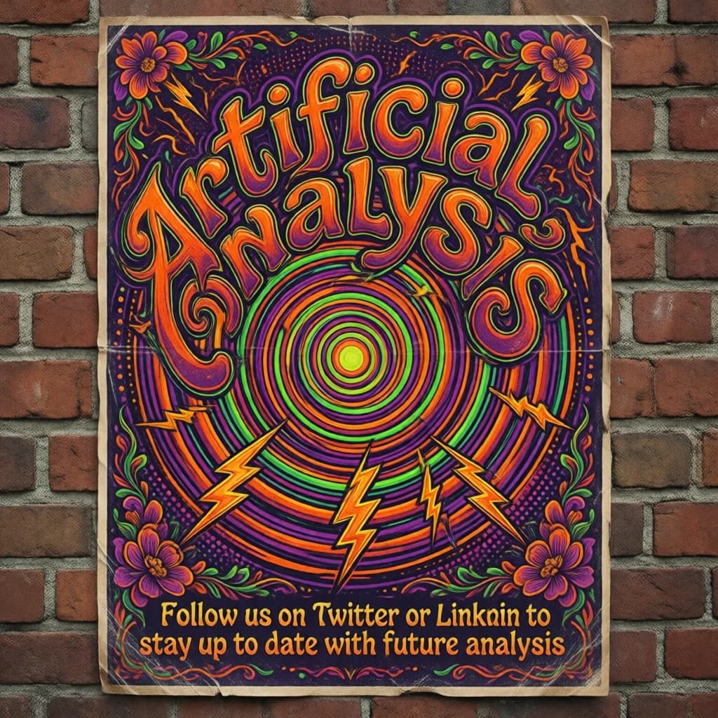 A portrait layout psychedelic concert poster from 1972 bathed in saturated oranges, deep purples, and acid greens. Swirling, hand-drawn typography arcs across the top, spelling out Artificial Analysis in bold, distorted letters that melt into spirals. Surrounded by radiating concentric circles and lightning-bolt motifs. The background is textured with halftone dots and faded paper creases, evoking a well-worn poster taped to a brick wall. Ornate floral borders frame the design, while the bottom features blocky retro lettering listing “Follow us on Twitter or LinkedIn to stay up to date with future analysis” in smaller text.